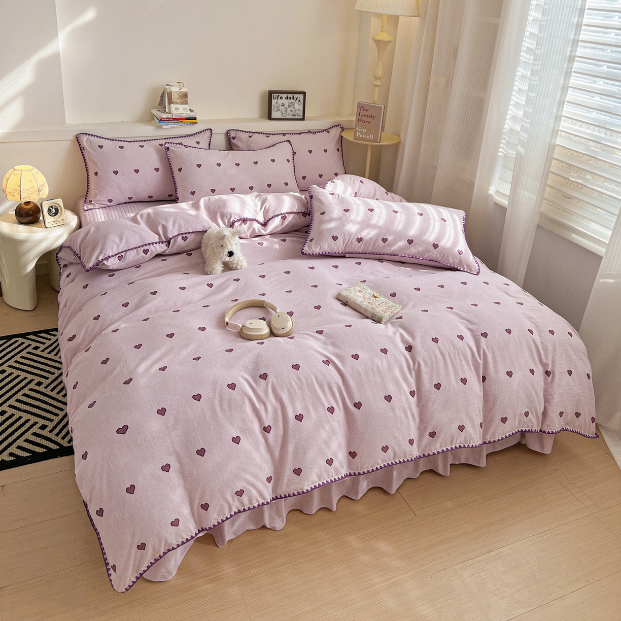 91家纺网 家纺一手货源 找家纺 富米莱（原臻工厂） 2026春夏新款色织提花贝壳边床盖床裙四件套 贝壳边-紫爱心