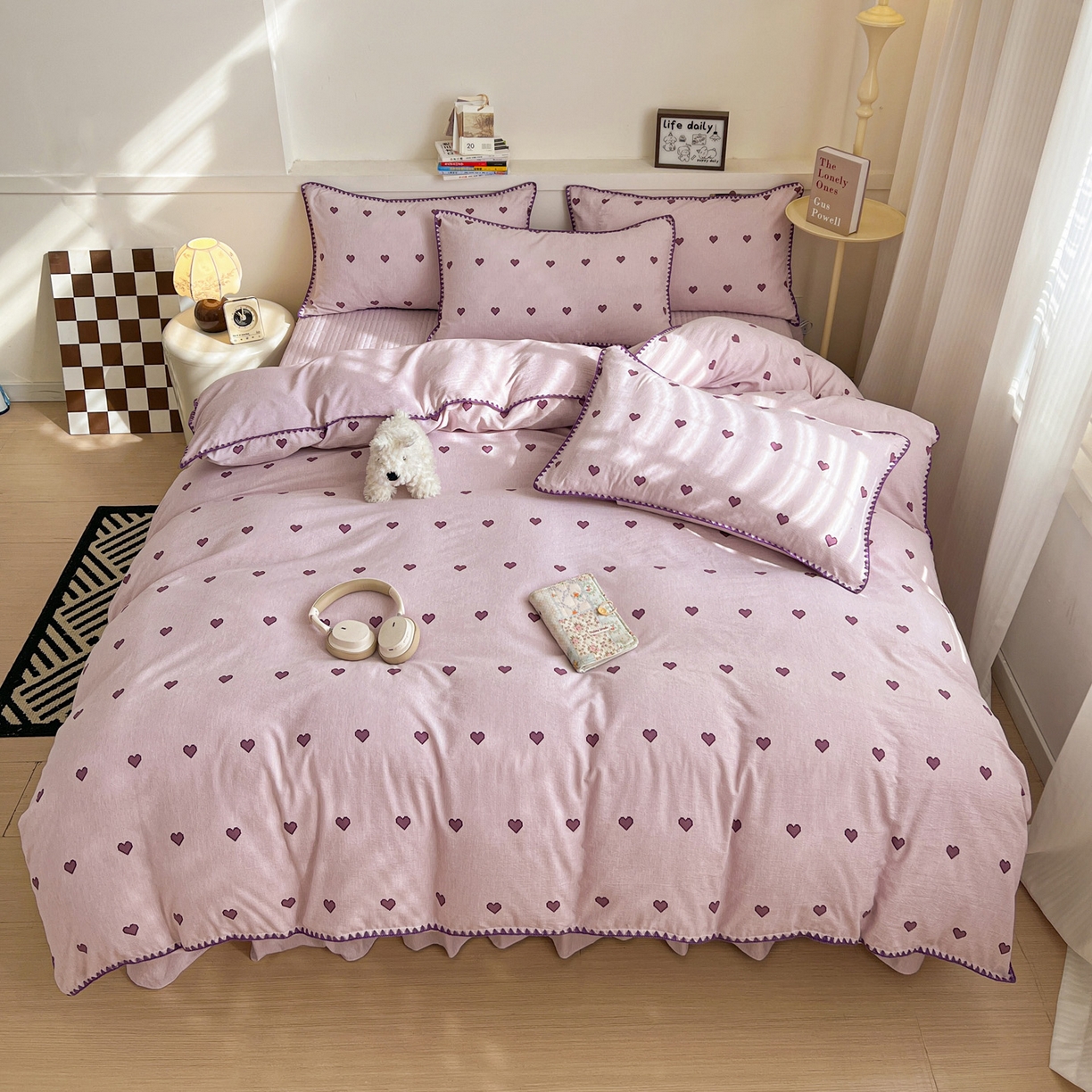 91家纺网 家纺一手货源 找家纺 富米莱（原臻工厂） 2026春夏新款色织提花贝壳边床盖床裙四件套 贝壳边-紫爱心