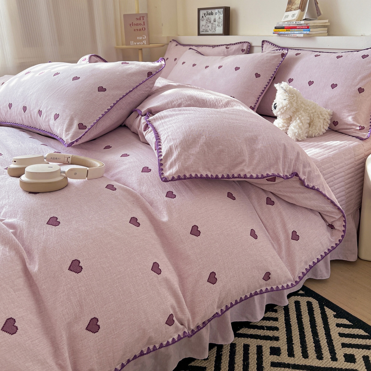 91家纺网 家纺一手货源 找家纺 富米莱（原臻工厂） 2026春夏新款色织提花贝壳边床盖床裙四件套 贝壳边-紫爱心