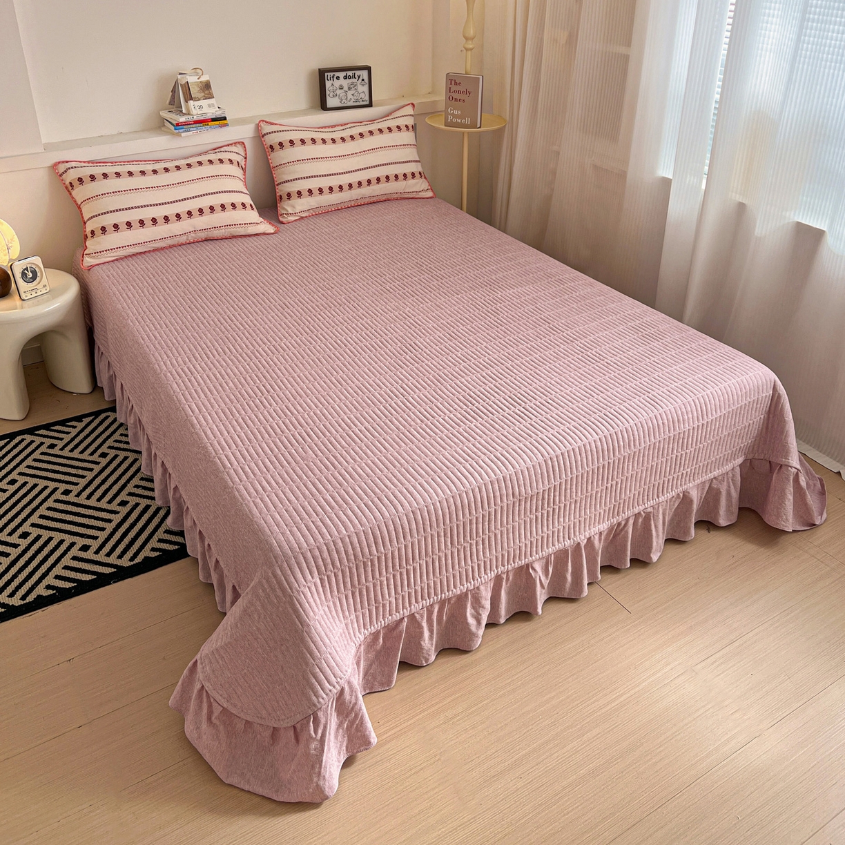 91家纺网 家纺一手货源 找家纺 富米莱（原臻工厂） 2026春夏新款色织提花贝壳边床盖床裙四件套 贝壳边-复古玫瑰