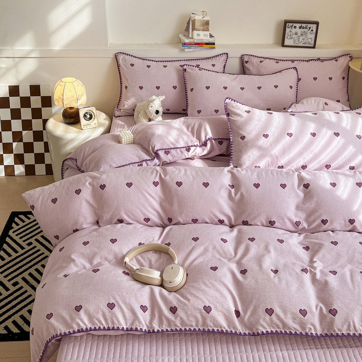 91家纺网 家纺一手货源 找家纺 富米莱（原臻工厂） 2026春夏新款色织提花贝壳边床盖床裙四件套 贝壳边-紫爱心