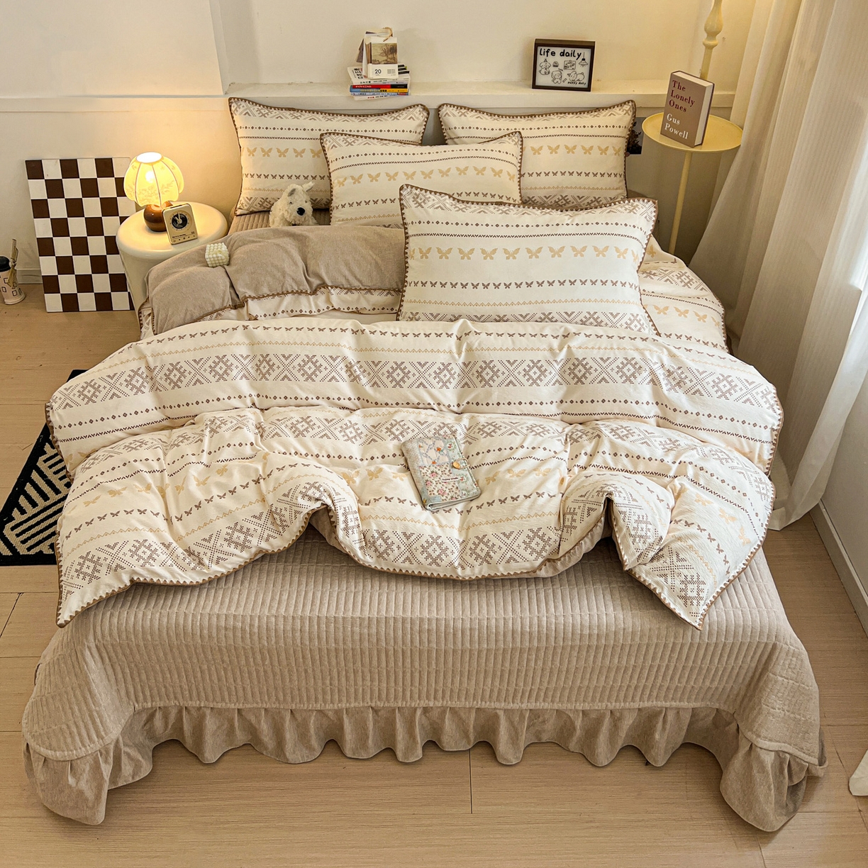 91家纺网 家纺一手货源 找家纺 富米莱（原臻工厂） 2026春夏新款色织提花贝壳边床盖床裙四件套 贝壳边-森屿