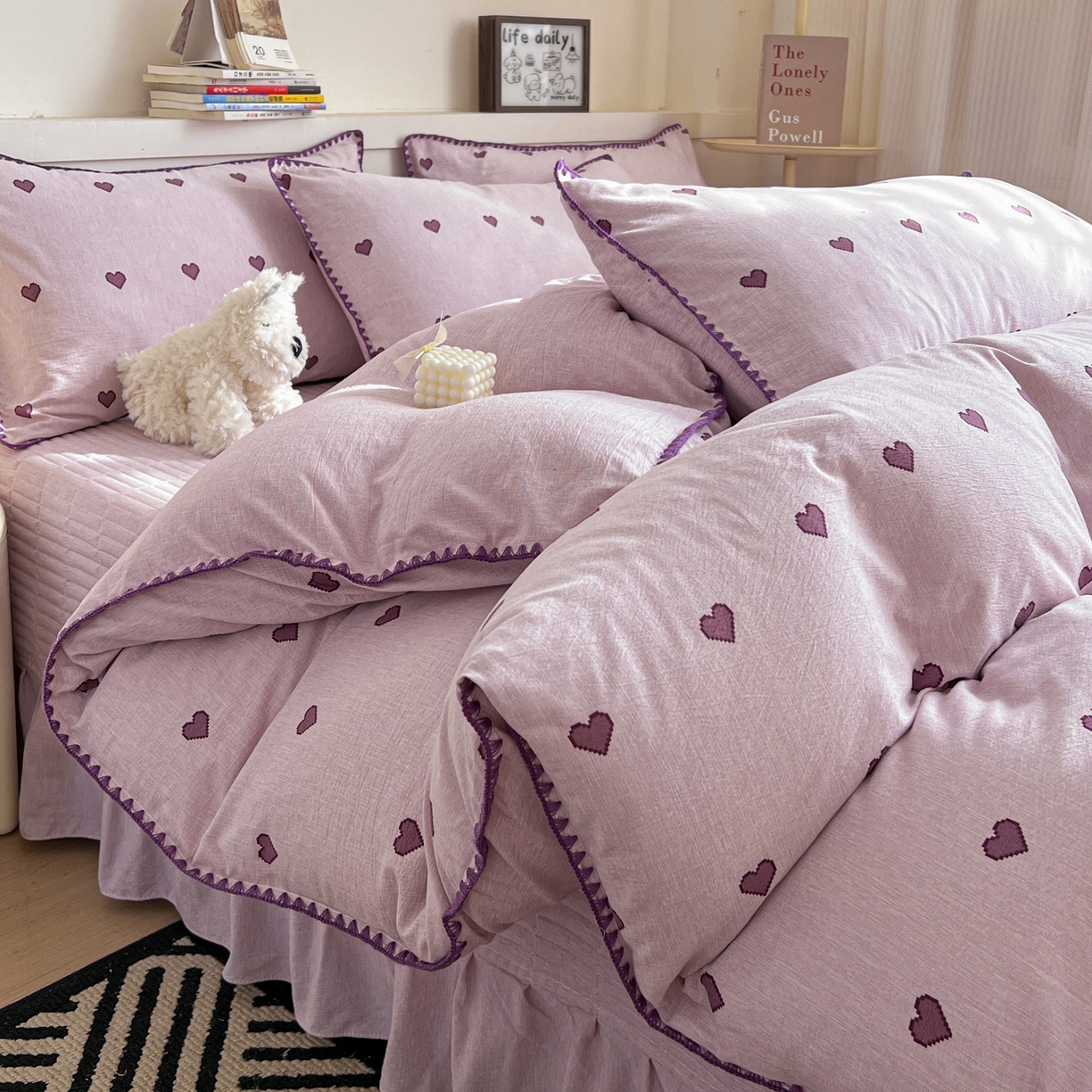 91家纺网 家纺一手货源 找家纺 富米莱（原臻工厂） 2026春夏新款色织提花贝壳边床盖床裙四件套 贝壳边-紫爱心