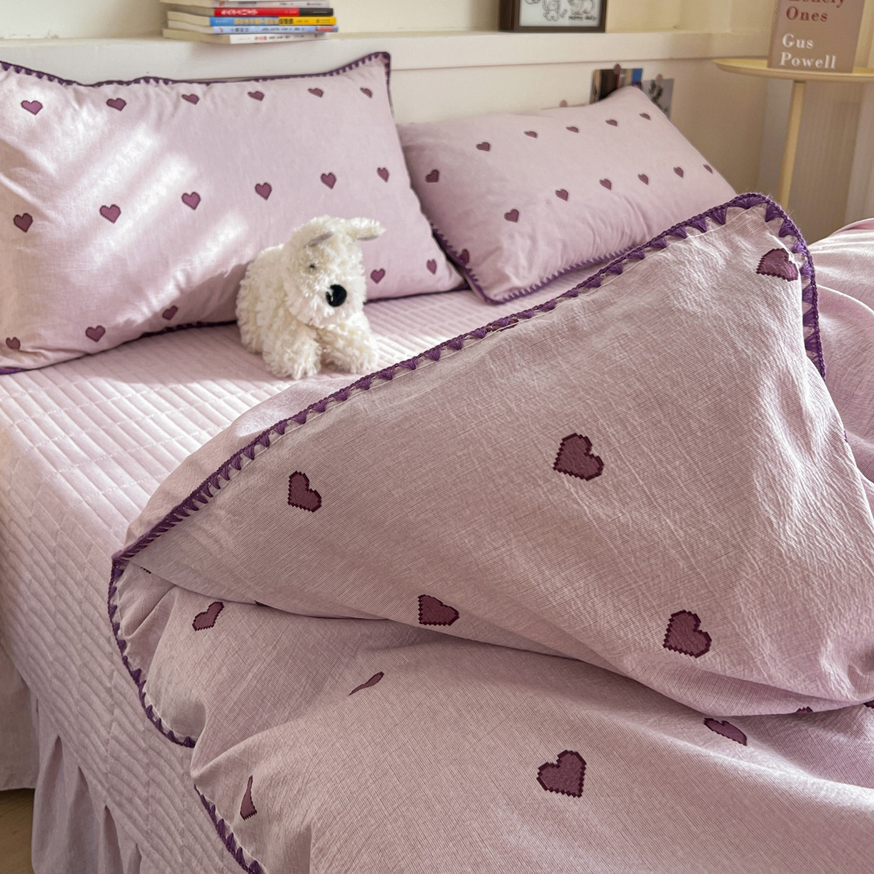 91家纺网 家纺一手货源 找家纺 富米莱（原臻工厂） 2026春夏新款色织提花贝壳边床盖床裙四件套 贝壳边-紫爱心