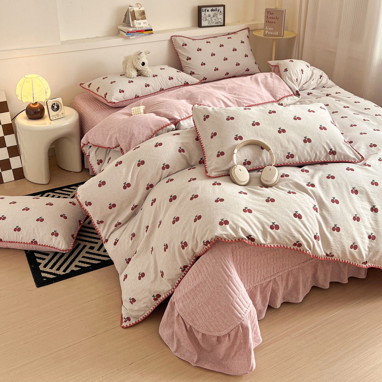 91家纺网 家纺一手货源 找家纺 富米莱（原臻工厂） 2026春夏新款色织提花贝壳边床盖床裙四件套 贝壳边-红樱桃