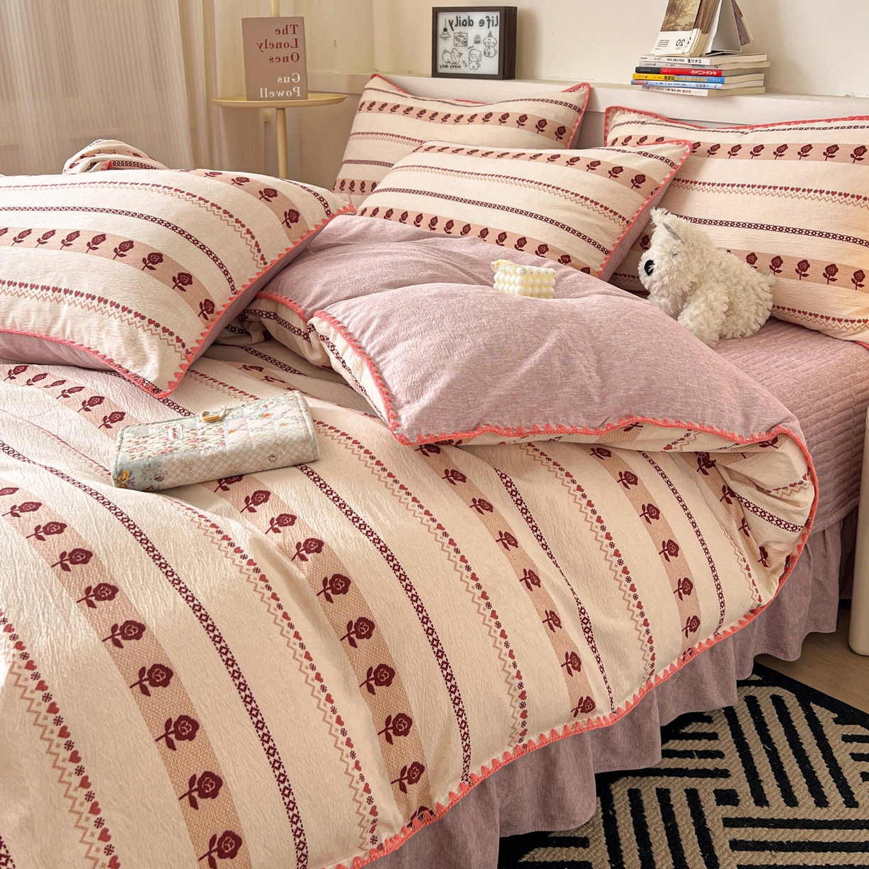 91家纺网 家纺一手货源 找家纺 富米莱（原臻工厂） 2026春夏新款色织提花贝壳边床盖床裙四件套 贝壳边-复古玫瑰