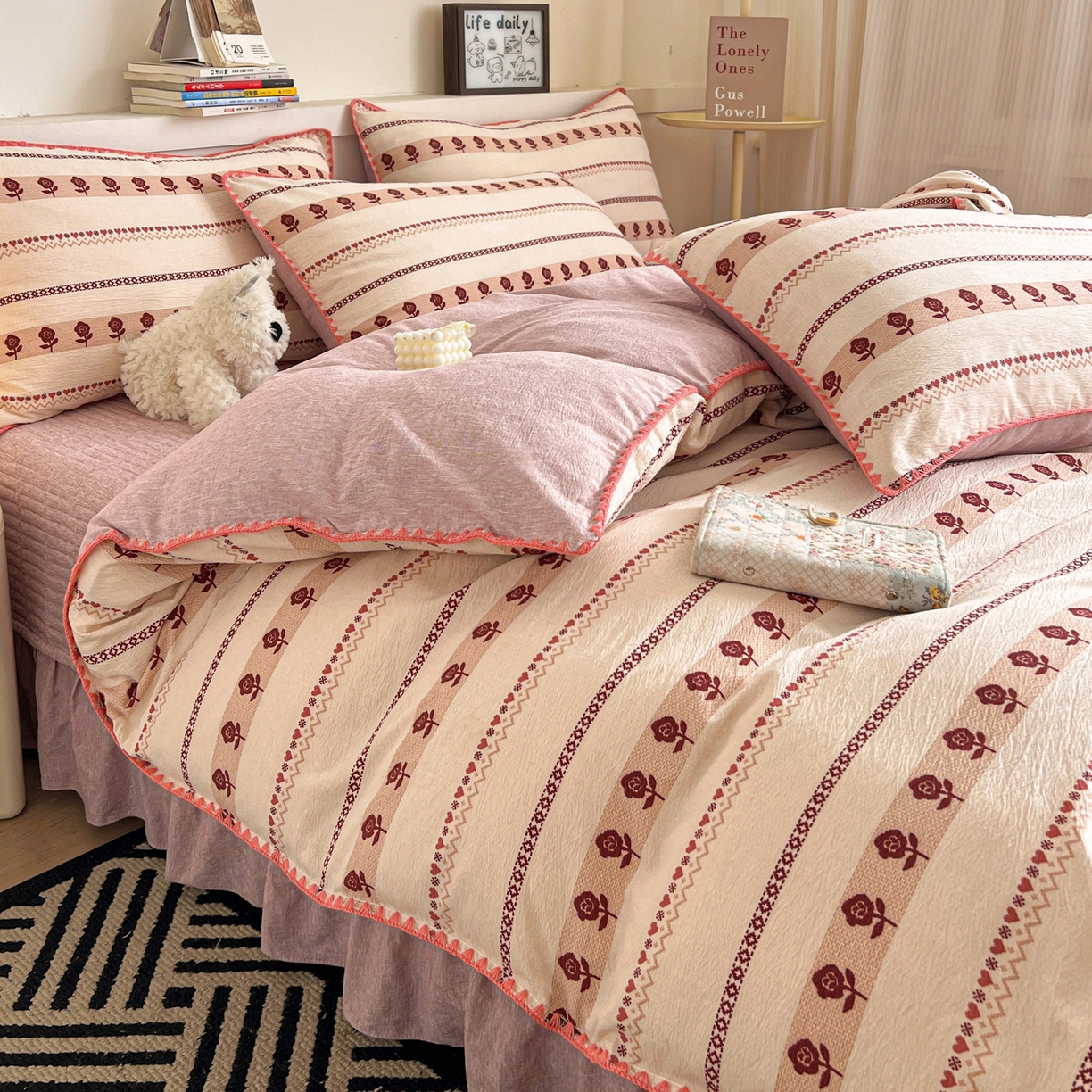 91家纺网 家纺一手货源 找家纺 富米莱（原臻工厂） 2026春夏新款色织提花贝壳边床盖床裙四件套 贝壳边-复古玫瑰