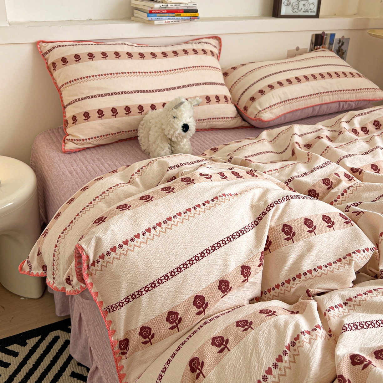 91家纺网 家纺一手货源 找家纺 富米莱（原臻工厂） 2026春夏新款色织提花贝壳边床盖床裙四件套 贝壳边-复古玫瑰