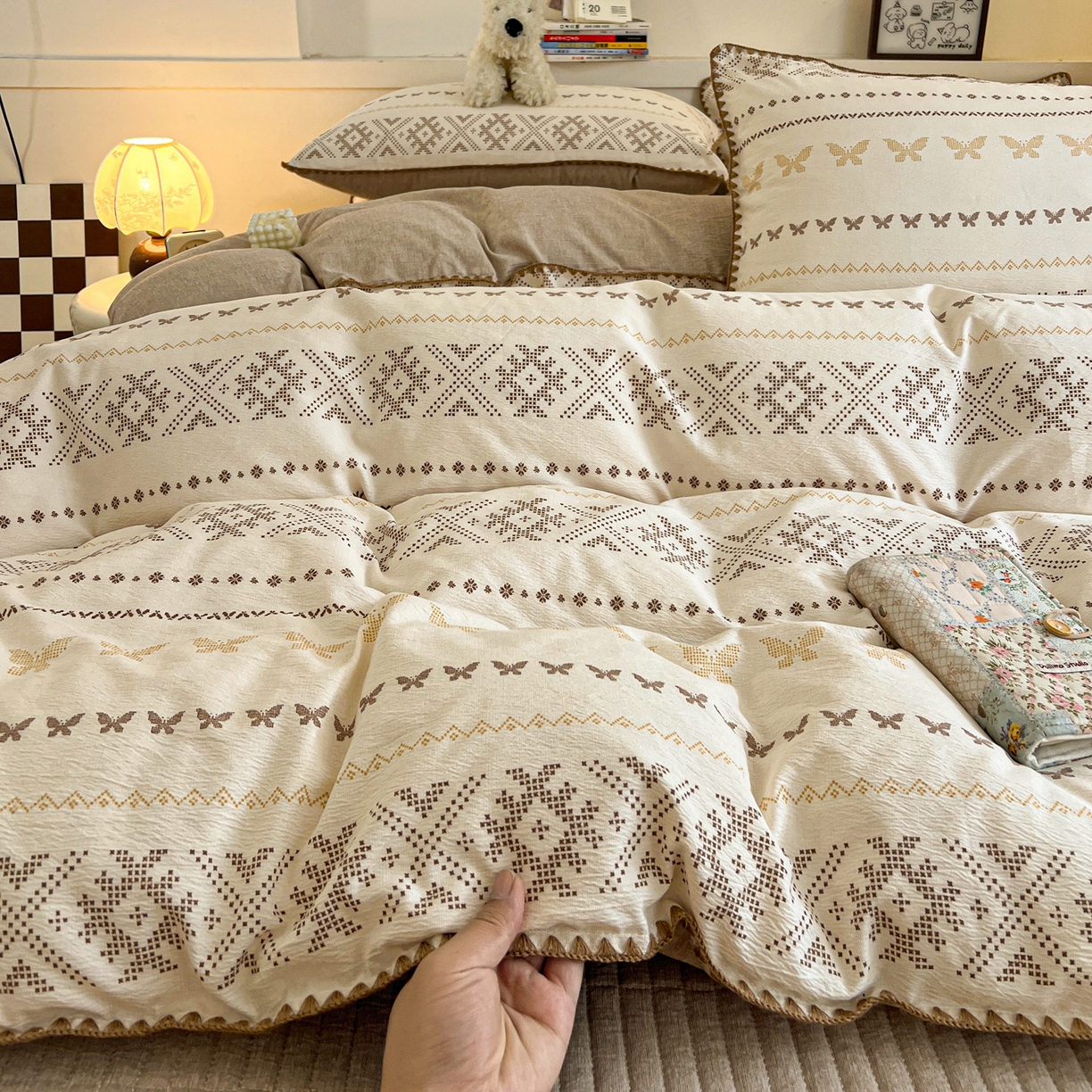 91家纺网 家纺一手货源 找家纺 富米莱（原臻工厂） 2026春夏新款色织提花贝壳边床盖床裙四件套 贝壳边-森屿