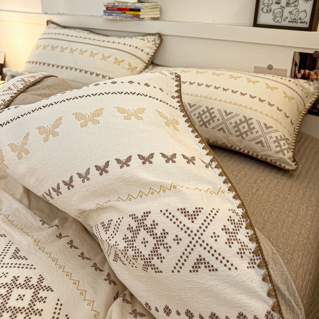 91家纺网 家纺一手货源 找家纺 富米莱（原臻工厂） 2026春夏新款色织提花贝壳边床盖床裙四件套 贝壳边-森屿