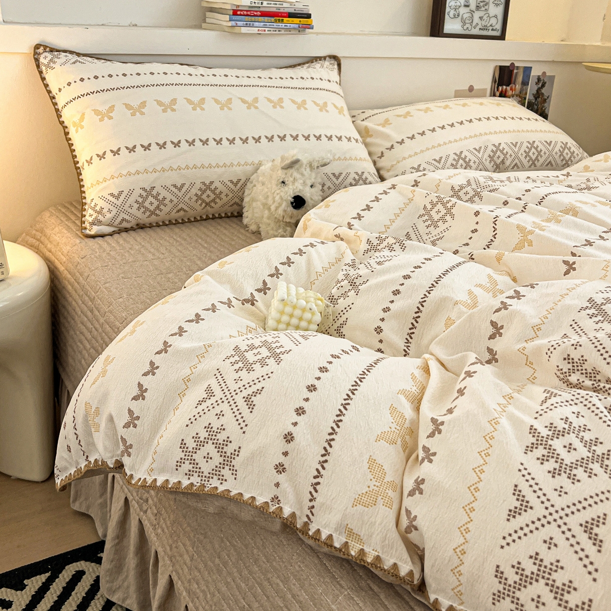 91家纺网 家纺一手货源 找家纺 富米莱（原臻工厂） 2026春夏新款色织提花贝壳边床盖床裙四件套 贝壳边-森屿