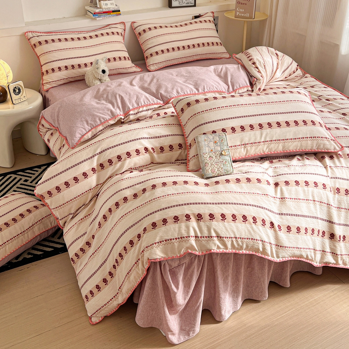 富米莱（原臻工厂） 2026春夏新款色织提花贝壳边床盖床裙四件套 贝壳边-复古玫瑰