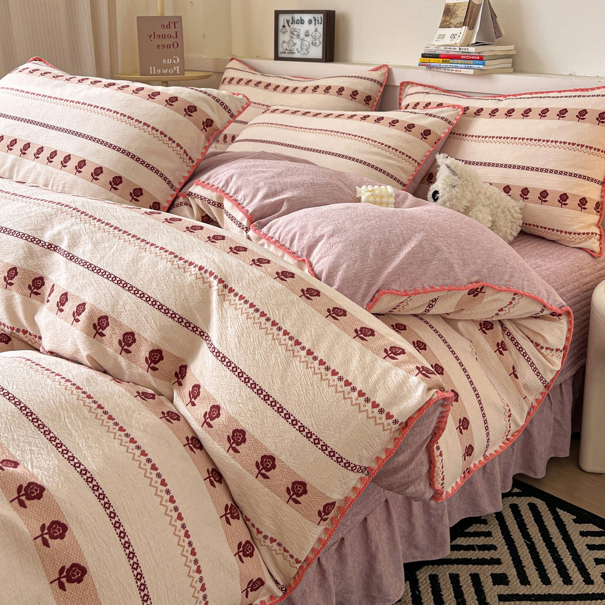 91家纺网 家纺一手货源 找家纺 富米莱（原臻工厂） 2026春夏新款色织提花贝壳边床盖床裙四件套 贝壳边-复古玫瑰