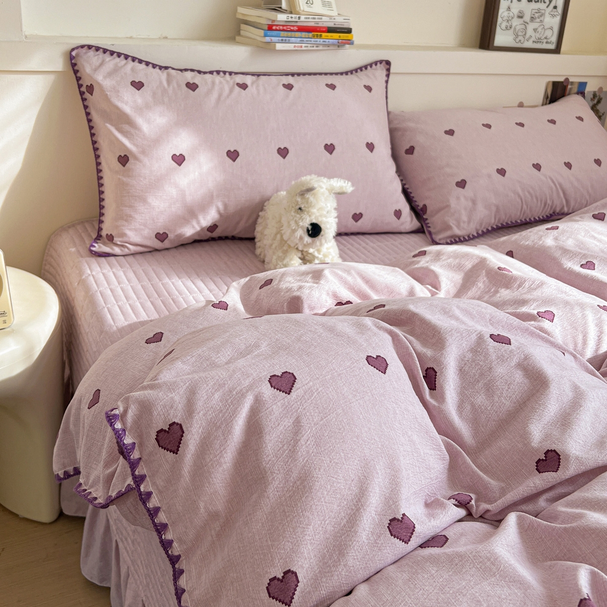 91家纺网 家纺一手货源 找家纺 富米莱（原臻工厂） 2026春夏新款色织提花贝壳边床盖床裙四件套 贝壳边-紫爱心