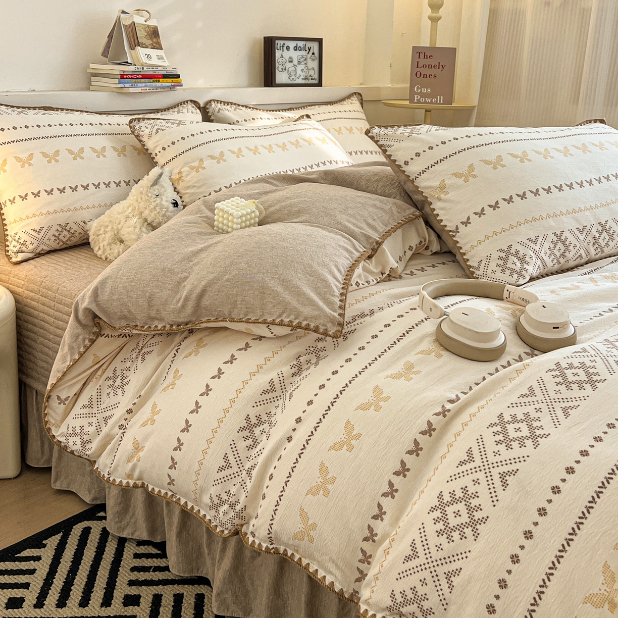 91家纺网 家纺一手货源 找家纺 富米莱（原臻工厂） 2026春夏新款色织提花贝壳边床盖床裙四件套 贝壳边-森屿