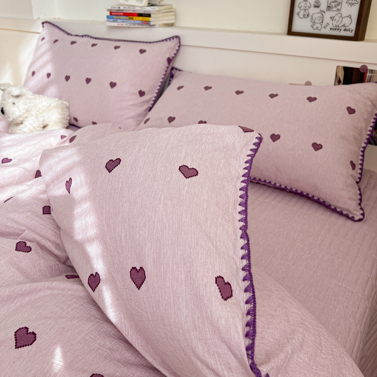 91家纺网 家纺一手货源 找家纺 富米莱（原臻工厂） 2026春夏新款色织提花贝壳边床盖床裙四件套 贝壳边-紫爱心