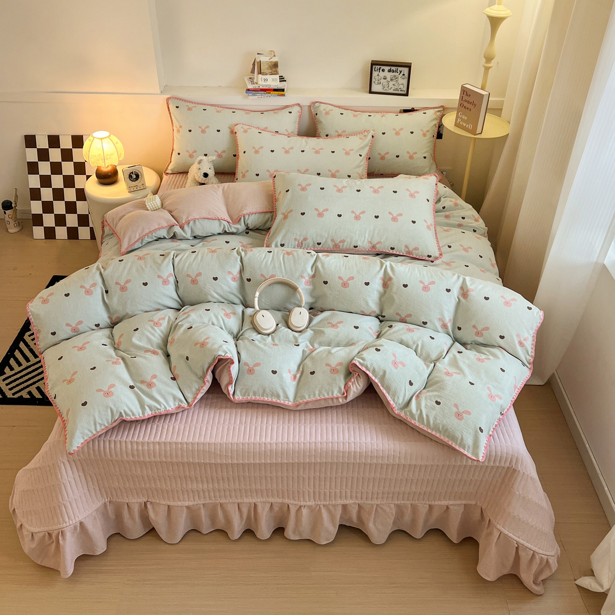 91家纺网 家纺一手货源 找家纺 富米莱（原臻工厂） 2026春夏新款色织提花贝壳边床盖床裙四件套 贝壳边-萌萌兔