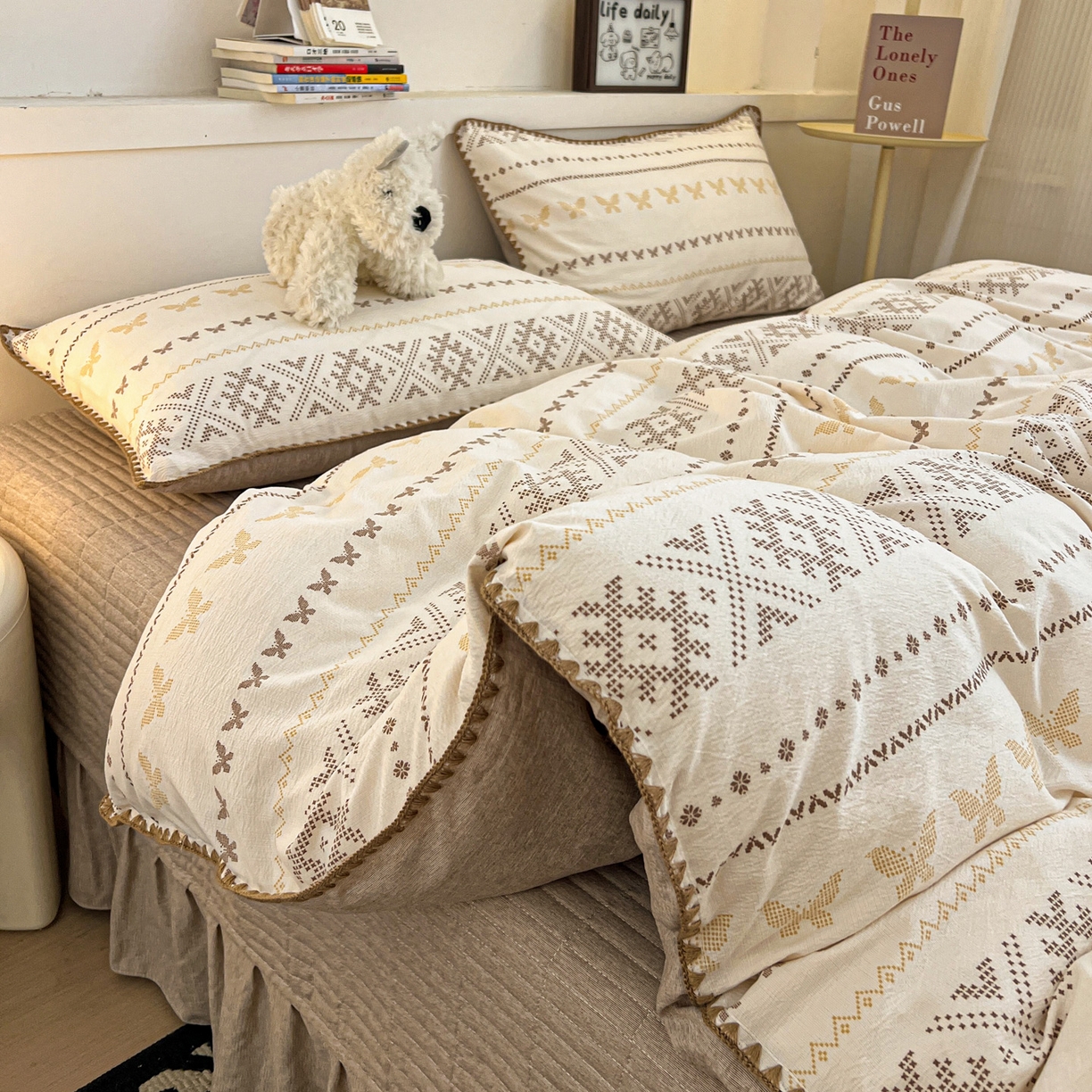 91家纺网 家纺一手货源 找家纺 富米莱（原臻工厂） 2026春夏新款色织提花贝壳边床盖床裙四件套 贝壳边-森屿