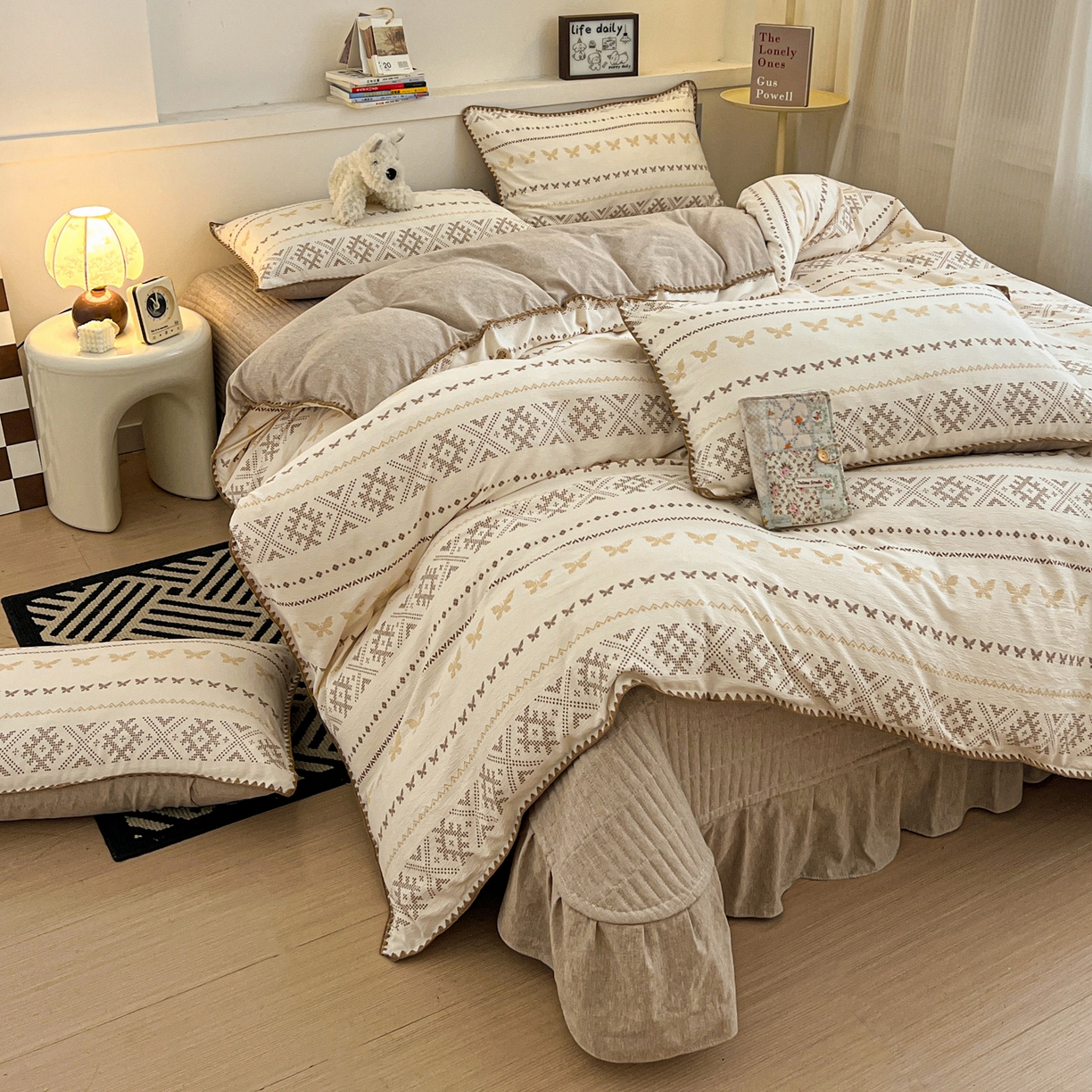 91家纺网 家纺一手货源 找家纺 富米莱（原臻工厂） 2026春夏新款色织提花贝壳边床盖床裙四件套 贝壳边-森屿