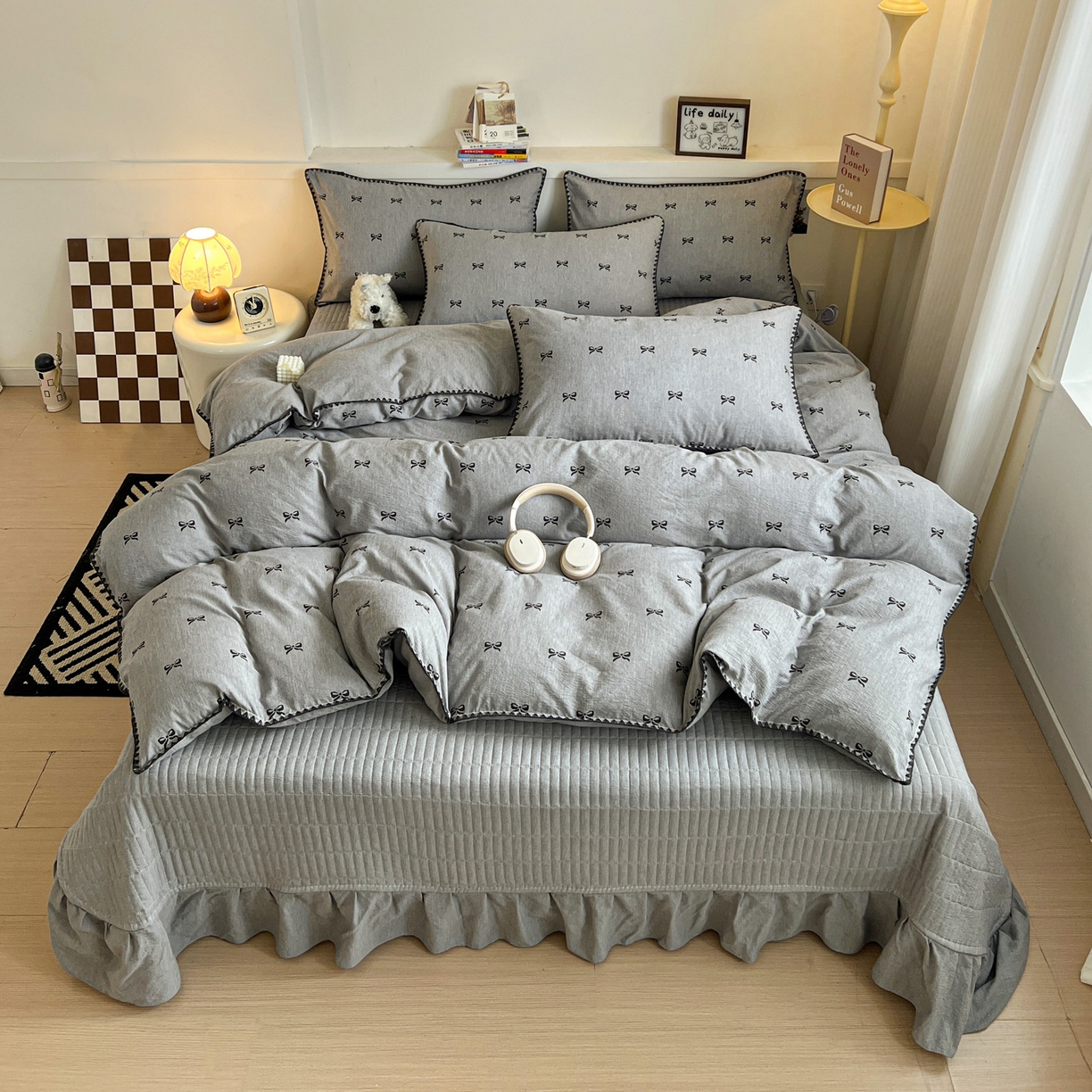 91家纺网 家纺一手货源 找家纺 富米莱（原臻工厂） 2026春夏新款色织提花贝壳边床盖床裙四件套 贝壳边-少女心