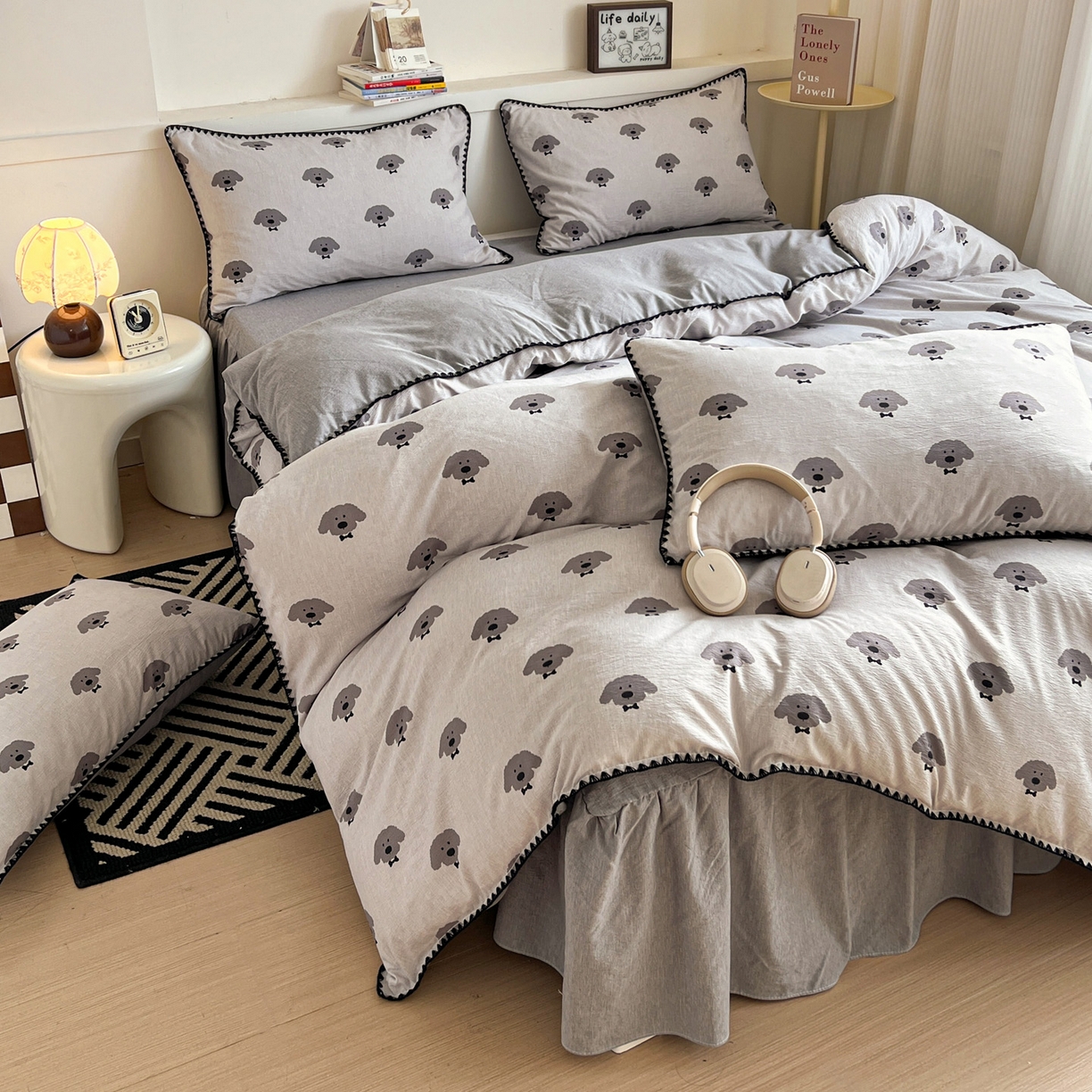 富米莱（原臻工厂） 2026春夏新款色织提花贝壳边床盖床裙四件套 贝壳边-领结狗