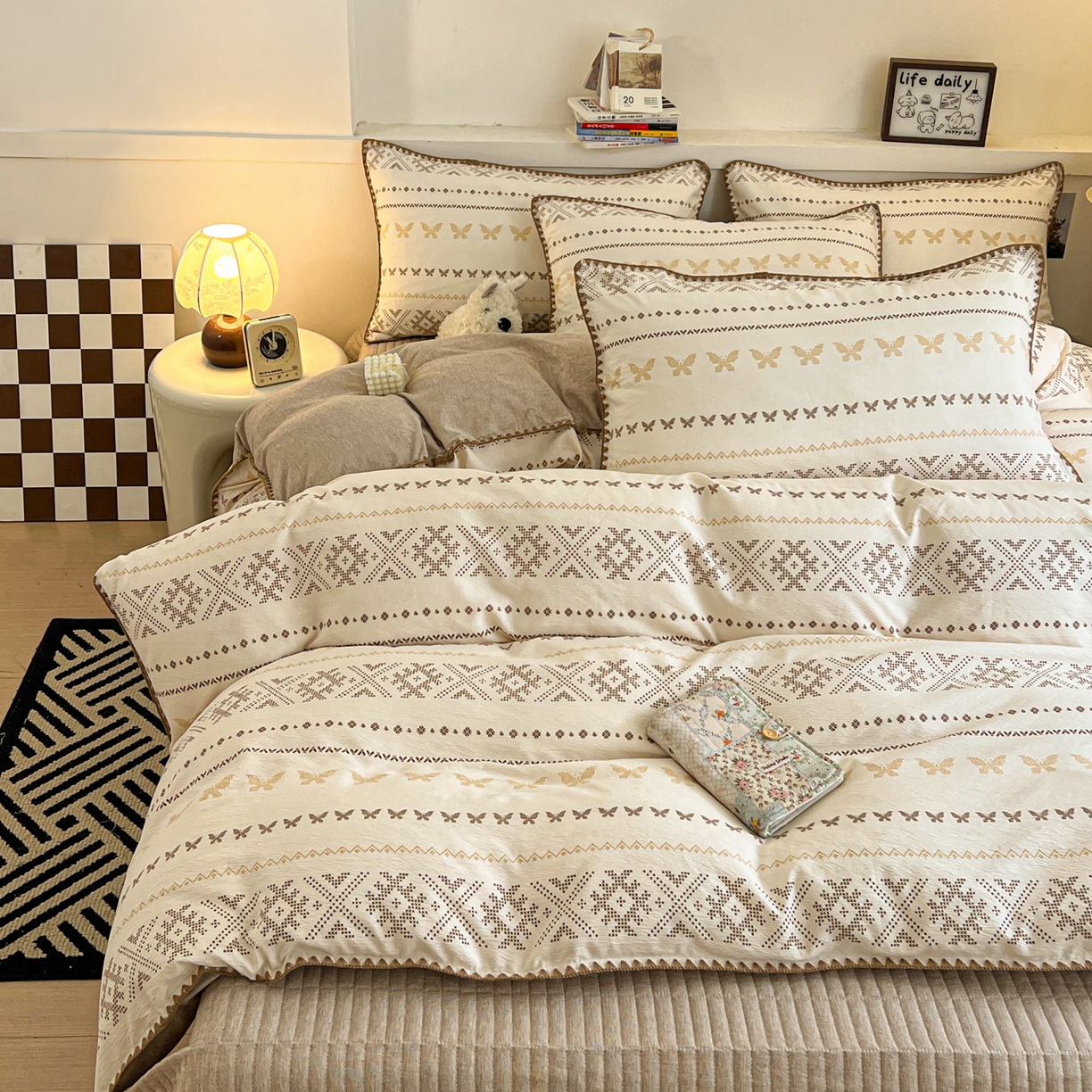 91家纺网 家纺一手货源 找家纺 富米莱（原臻工厂） 2026春夏新款色织提花贝壳边床盖床裙四件套 贝壳边-森屿