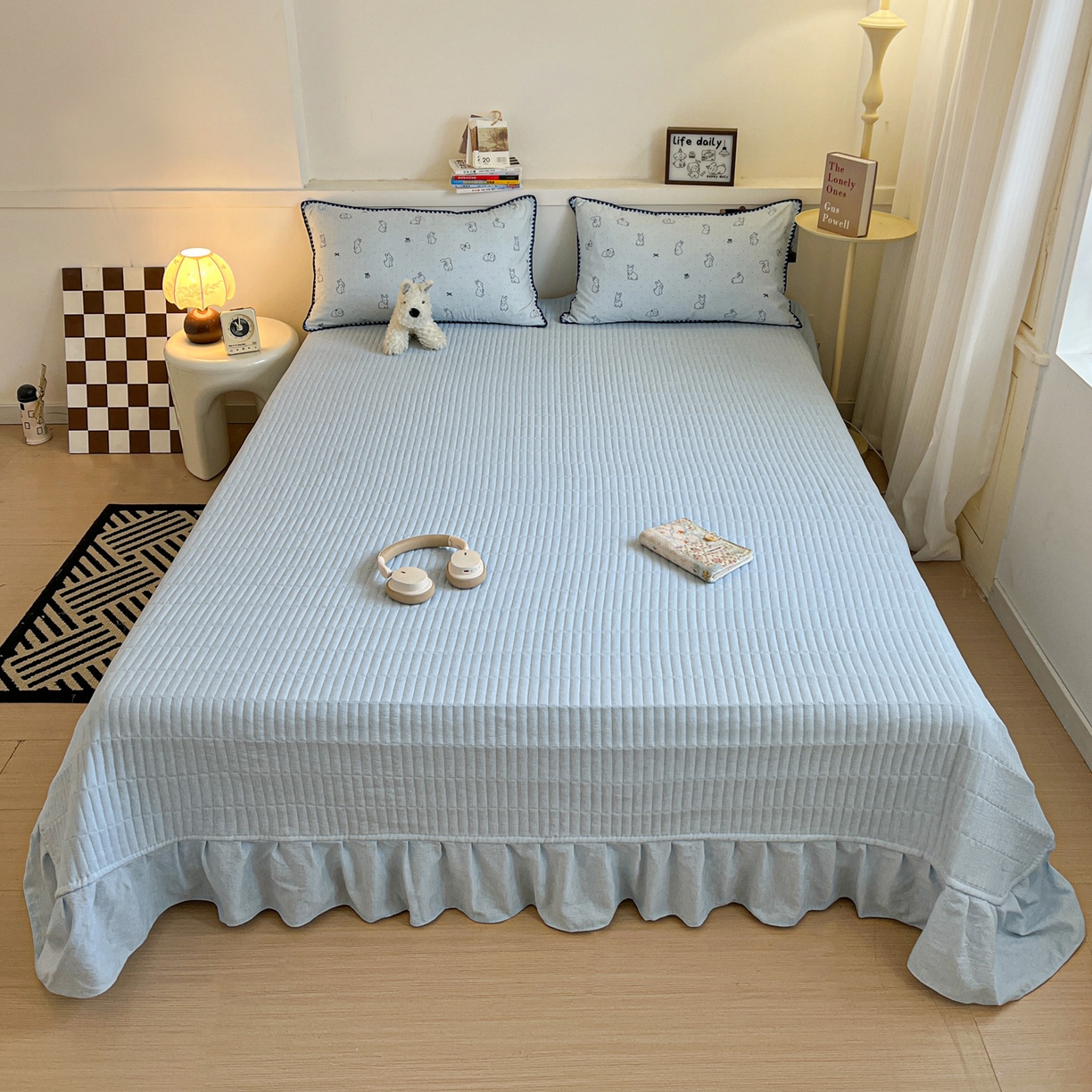 91家纺网 家纺一手货源 找家纺 富米莱（原臻工厂） 2026春夏新款色织提花贝壳边床盖床裙四件套 贝壳边-蓝小兔