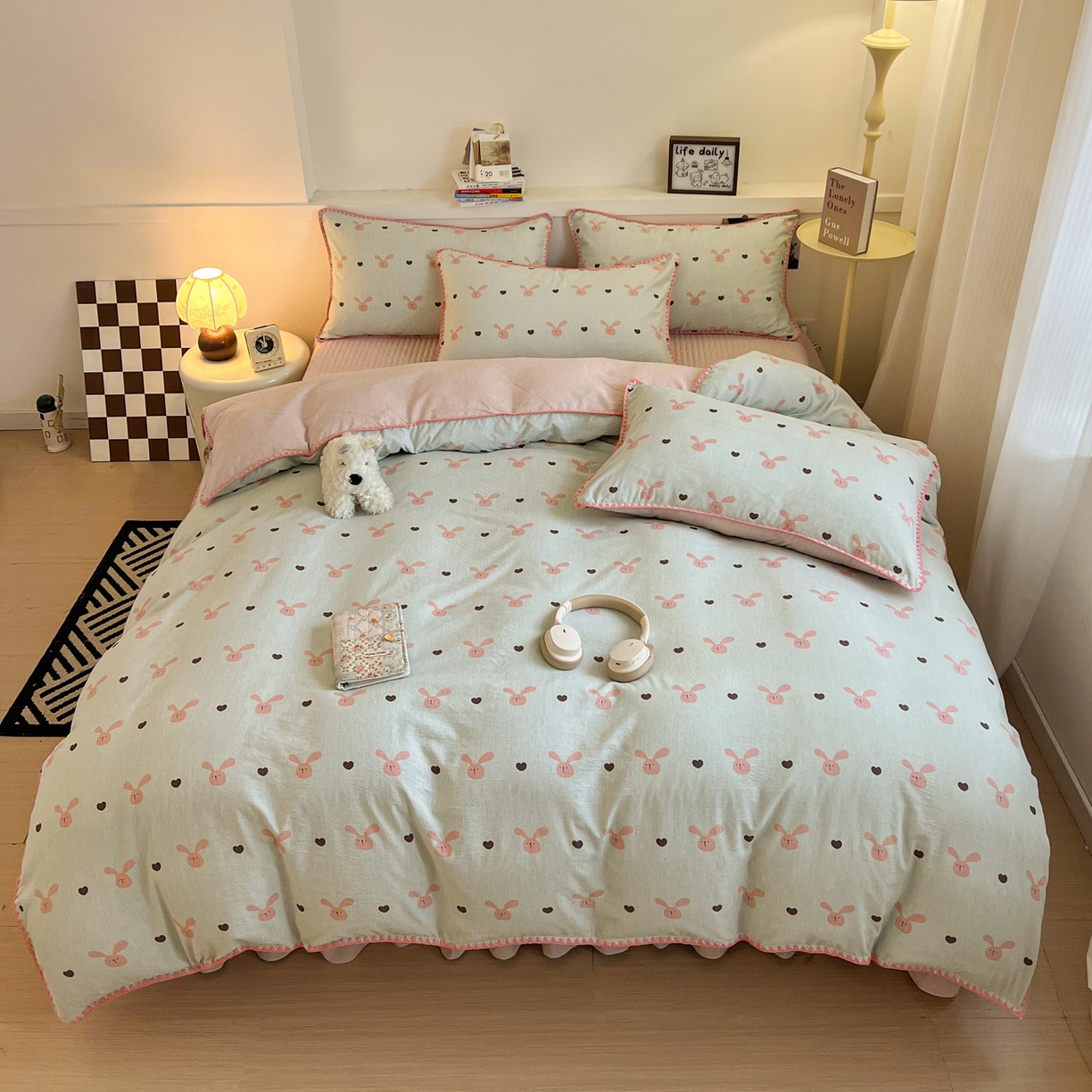 91家纺网 家纺一手货源 找家纺 富米莱（原臻工厂） 2026春夏新款色织提花贝壳边床盖床裙四件套 贝壳边-萌萌兔