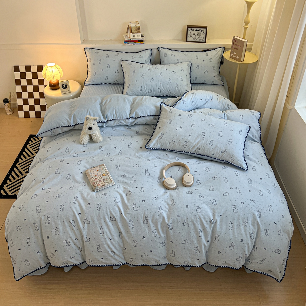 91家纺网 家纺一手货源 找家纺 富米莱（原臻工厂） 2026春夏新款色织提花贝壳边床盖床裙四件套 贝壳边-蓝小兔