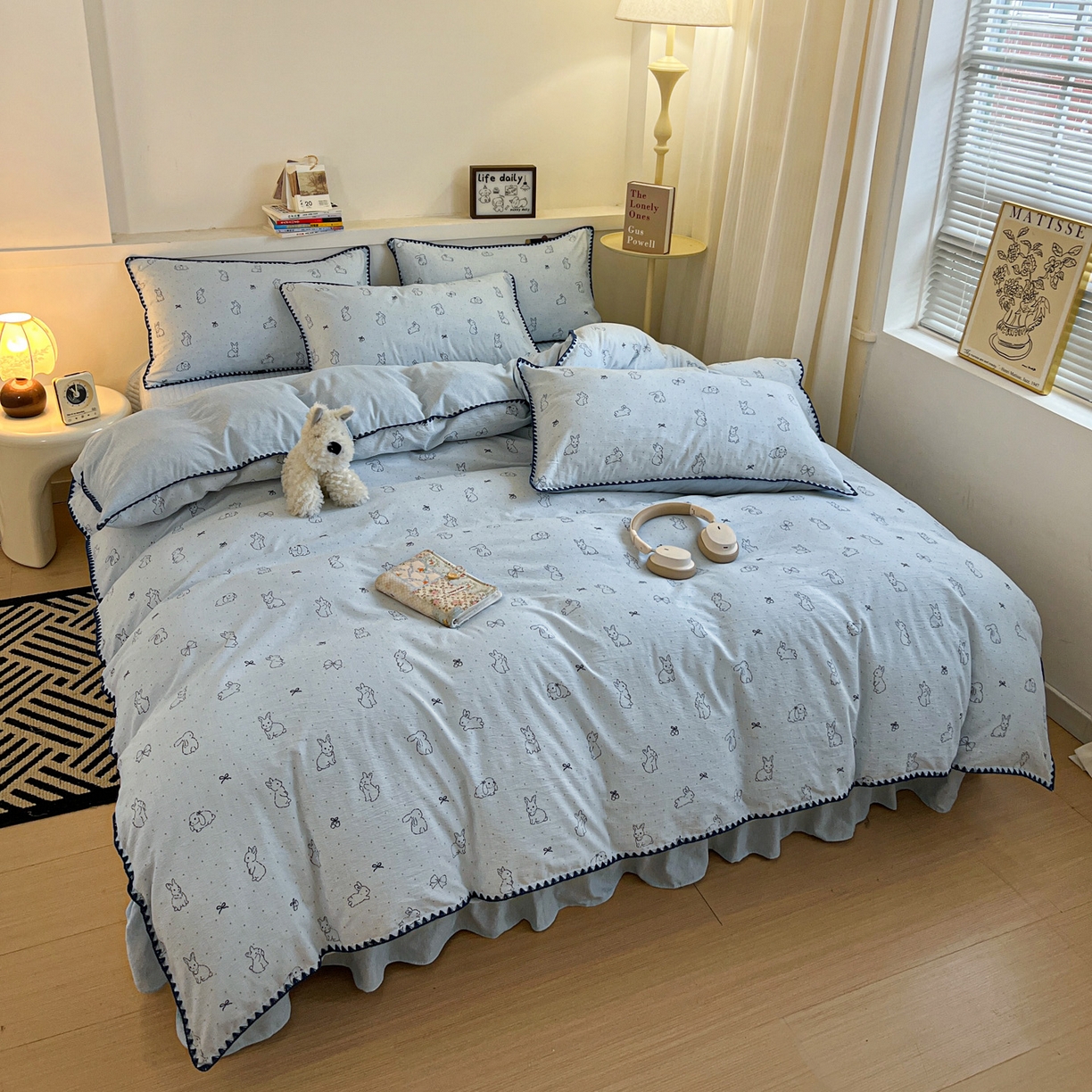 91家纺网 家纺一手货源 找家纺 富米莱（原臻工厂） 2026春夏新款色织提花贝壳边床盖床裙四件套 贝壳边-蓝小兔