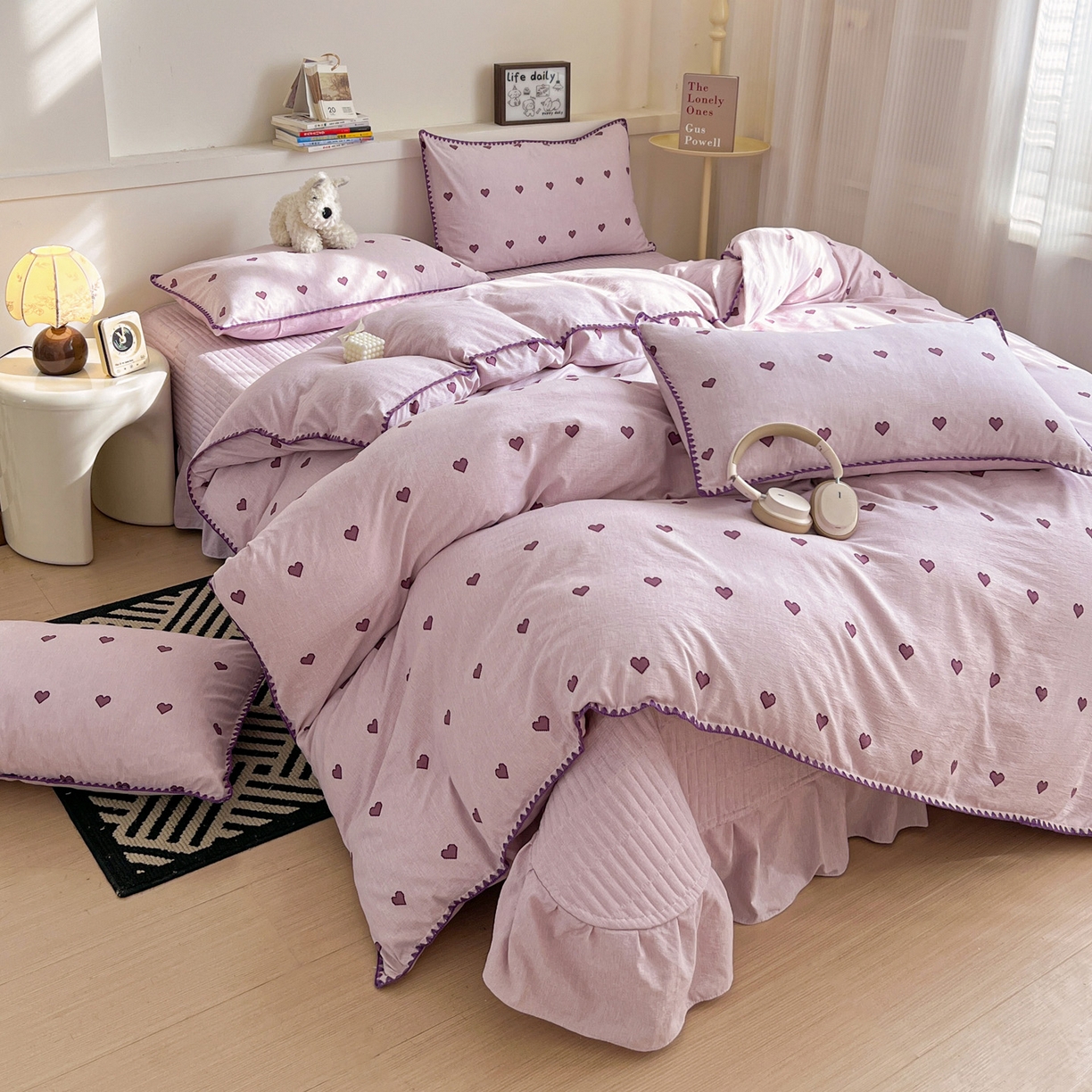 91家纺网 家纺一手货源 找家纺 富米莱（原臻工厂） 2026春夏新款色织提花贝壳边床盖床裙四件套 贝壳边-紫爱心