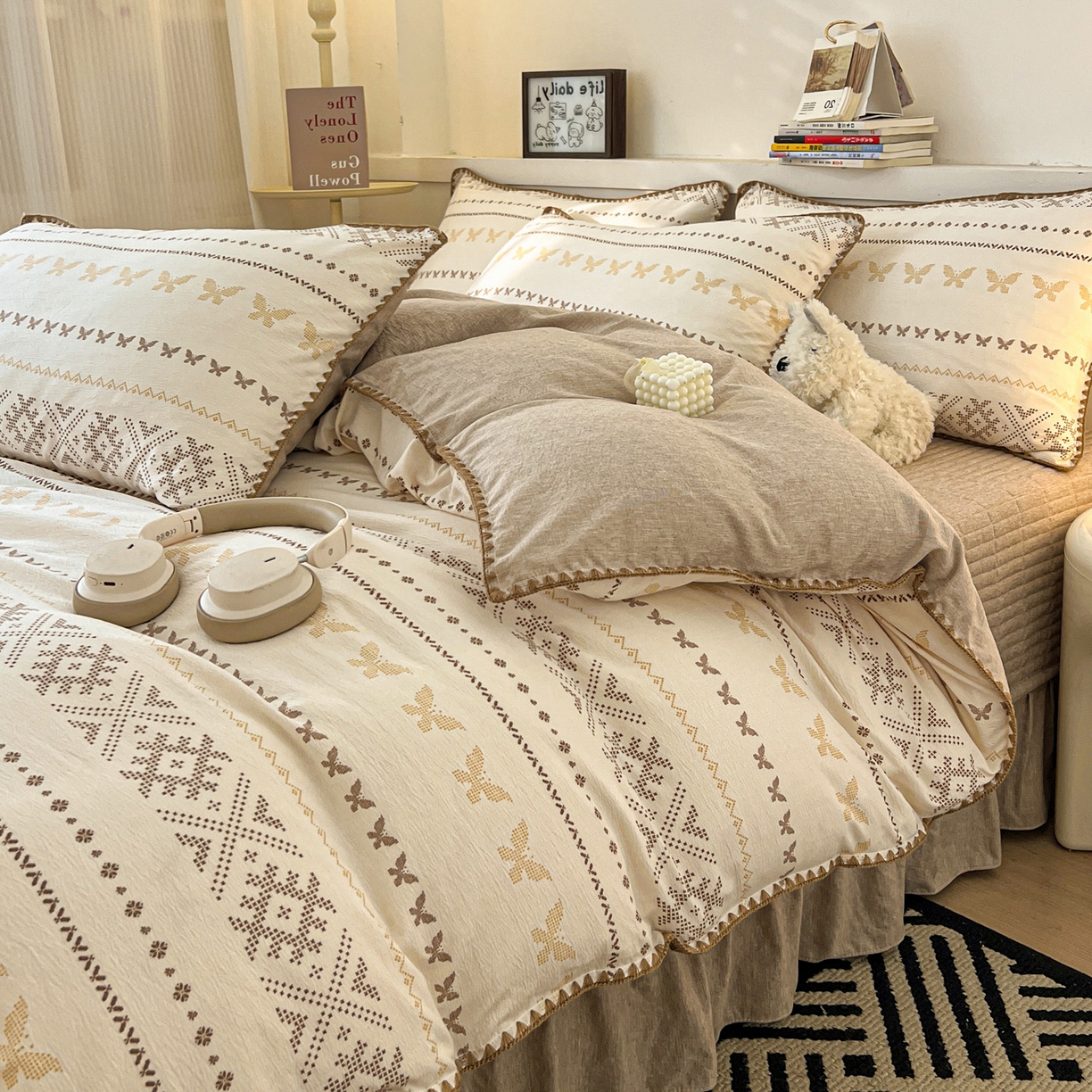 91家纺网 家纺一手货源 找家纺 富米莱（原臻工厂） 2026春夏新款色织提花贝壳边床盖床裙四件套 贝壳边-森屿