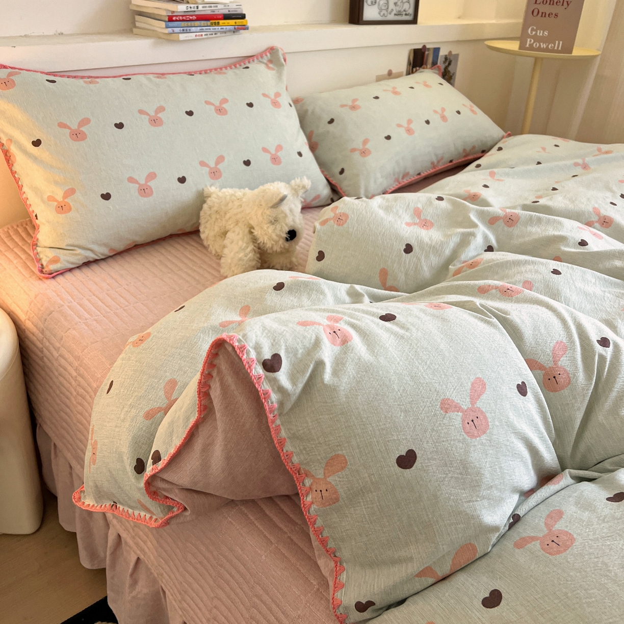 91家纺网 家纺一手货源 找家纺 富米莱（原臻工厂） 2026春夏新款色织提花贝壳边床盖床裙四件套 贝壳边-萌萌兔