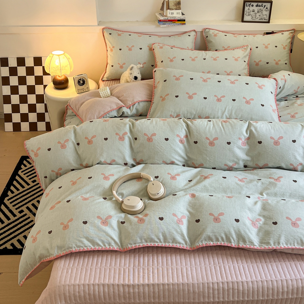 91家纺网 家纺一手货源 找家纺 富米莱（原臻工厂） 2026春夏新款色织提花贝壳边床盖床裙四件套 贝壳边-萌萌兔