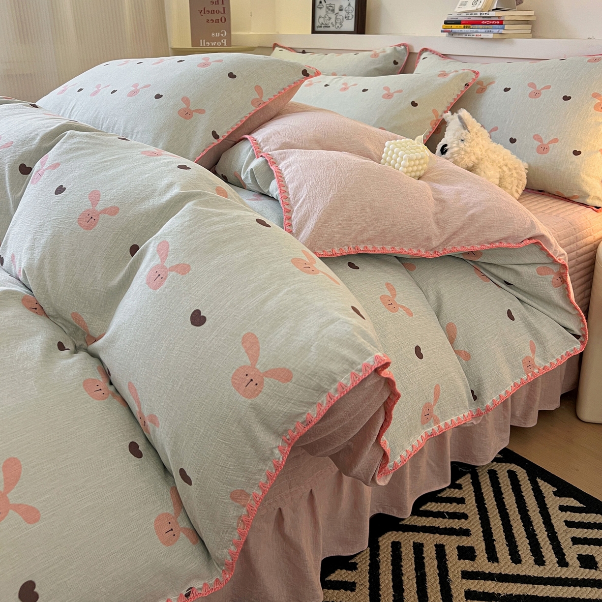 91家纺网 家纺一手货源 找家纺 富米莱（原臻工厂） 2026春夏新款色织提花贝壳边床盖床裙四件套 贝壳边-萌萌兔