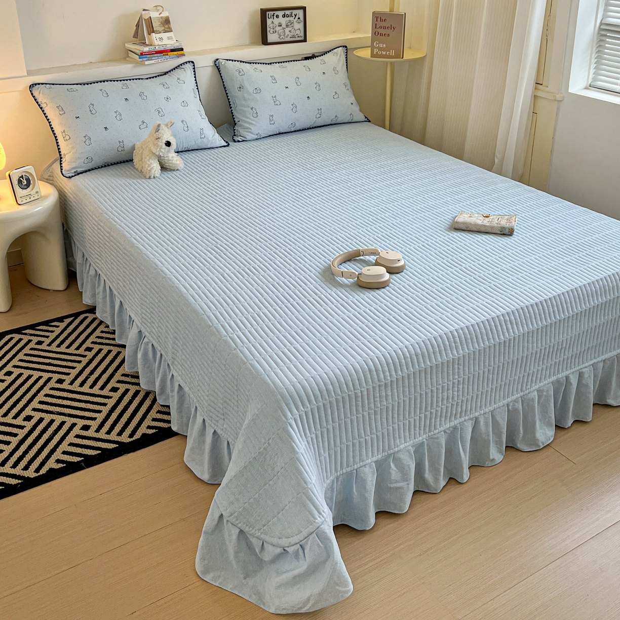 91家纺网 家纺一手货源 找家纺 富米莱（原臻工厂） 2026春夏新款色织提花贝壳边床盖床裙四件套 贝壳边-蓝小兔