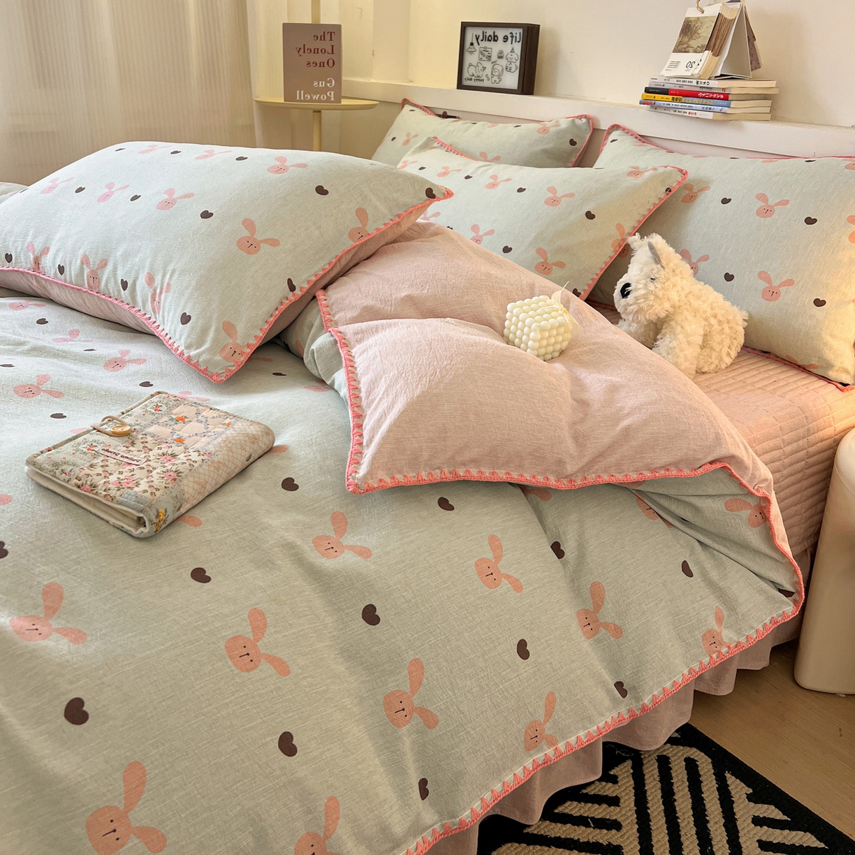 91家纺网 家纺一手货源 找家纺 富米莱（原臻工厂） 2026春夏新款色织提花贝壳边床盖床裙四件套 贝壳边-萌萌兔