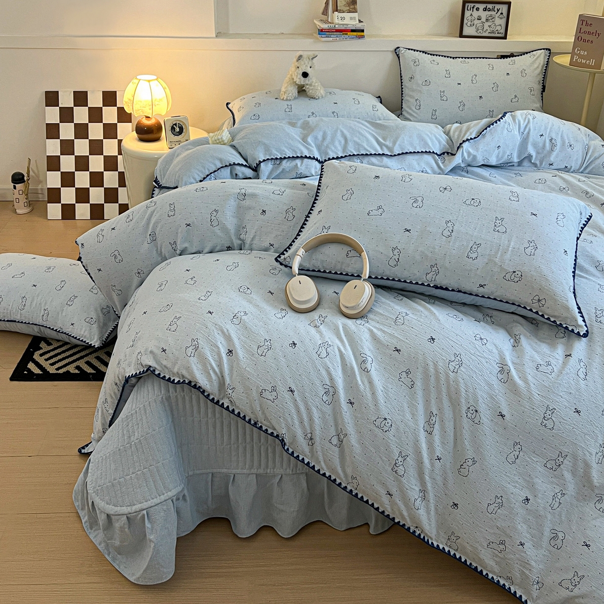 91家纺网 家纺一手货源 找家纺 富米莱（原臻工厂） 2026春夏新款色织提花贝壳边床盖床裙四件套 贝壳边-蓝小兔