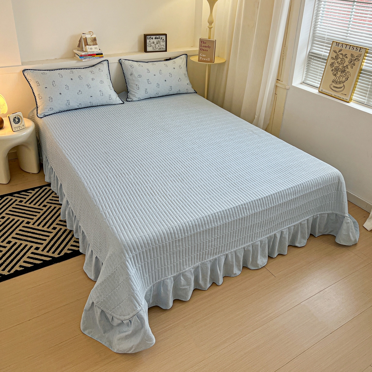 91家纺网 家纺一手货源 找家纺 富米莱（原臻工厂） 2026春夏新款色织提花贝壳边床盖床裙四件套 贝壳边-蓝小兔