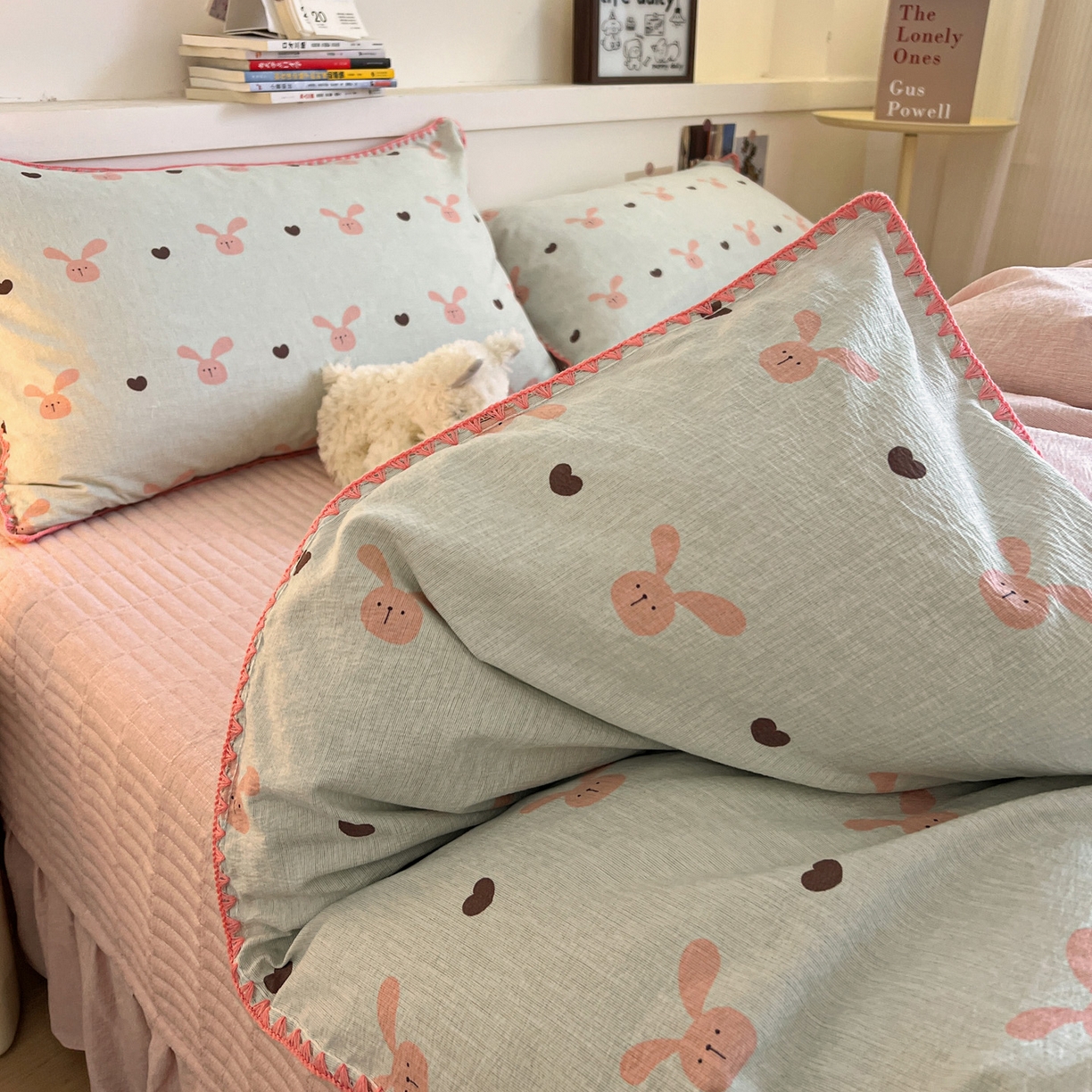 91家纺网 家纺一手货源 找家纺 富米莱（原臻工厂） 2026春夏新款色织提花贝壳边床盖床裙四件套 贝壳边-萌萌兔