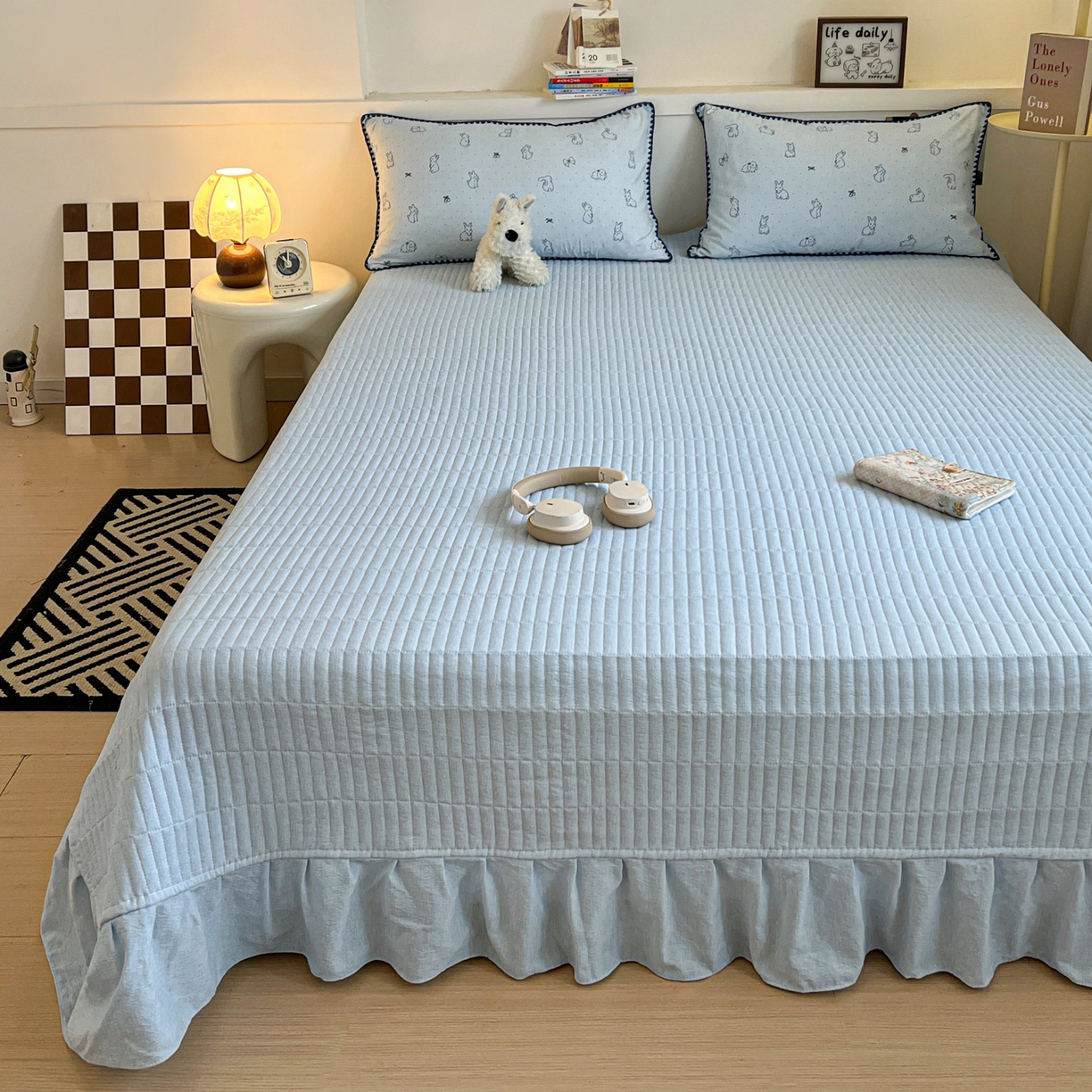 91家纺网 家纺一手货源 找家纺 富米莱（原臻工厂） 2026春夏新款色织提花贝壳边床盖床裙四件套 贝壳边-蓝小兔