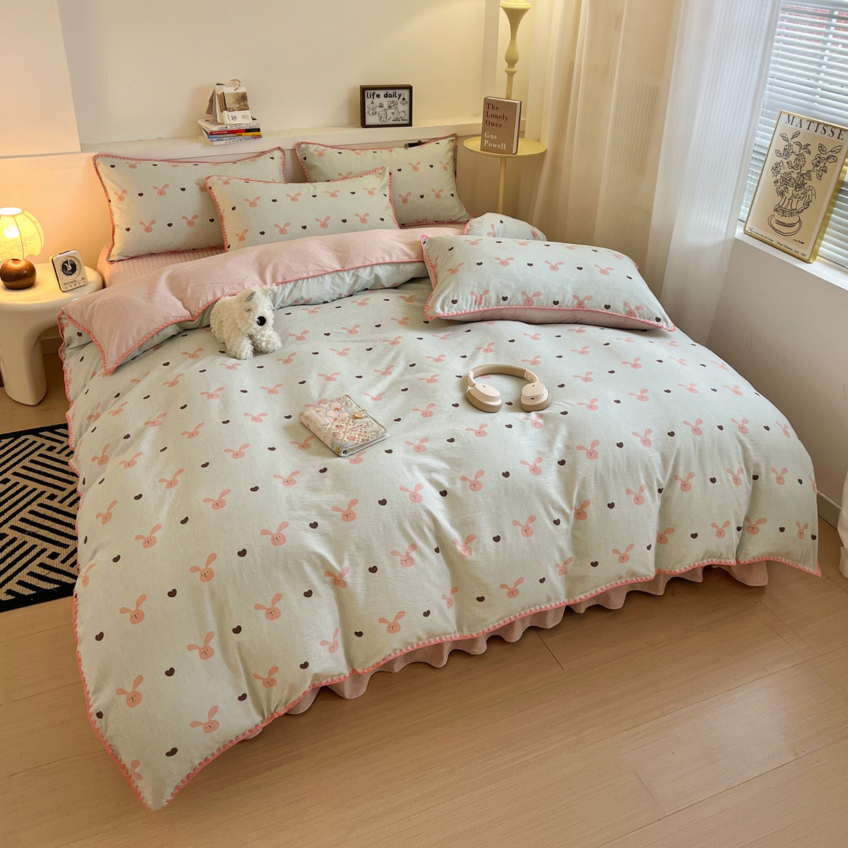 91家纺网 家纺一手货源 找家纺 富米莱（原臻工厂） 2026春夏新款色织提花贝壳边床盖床裙四件套 贝壳边-萌萌兔