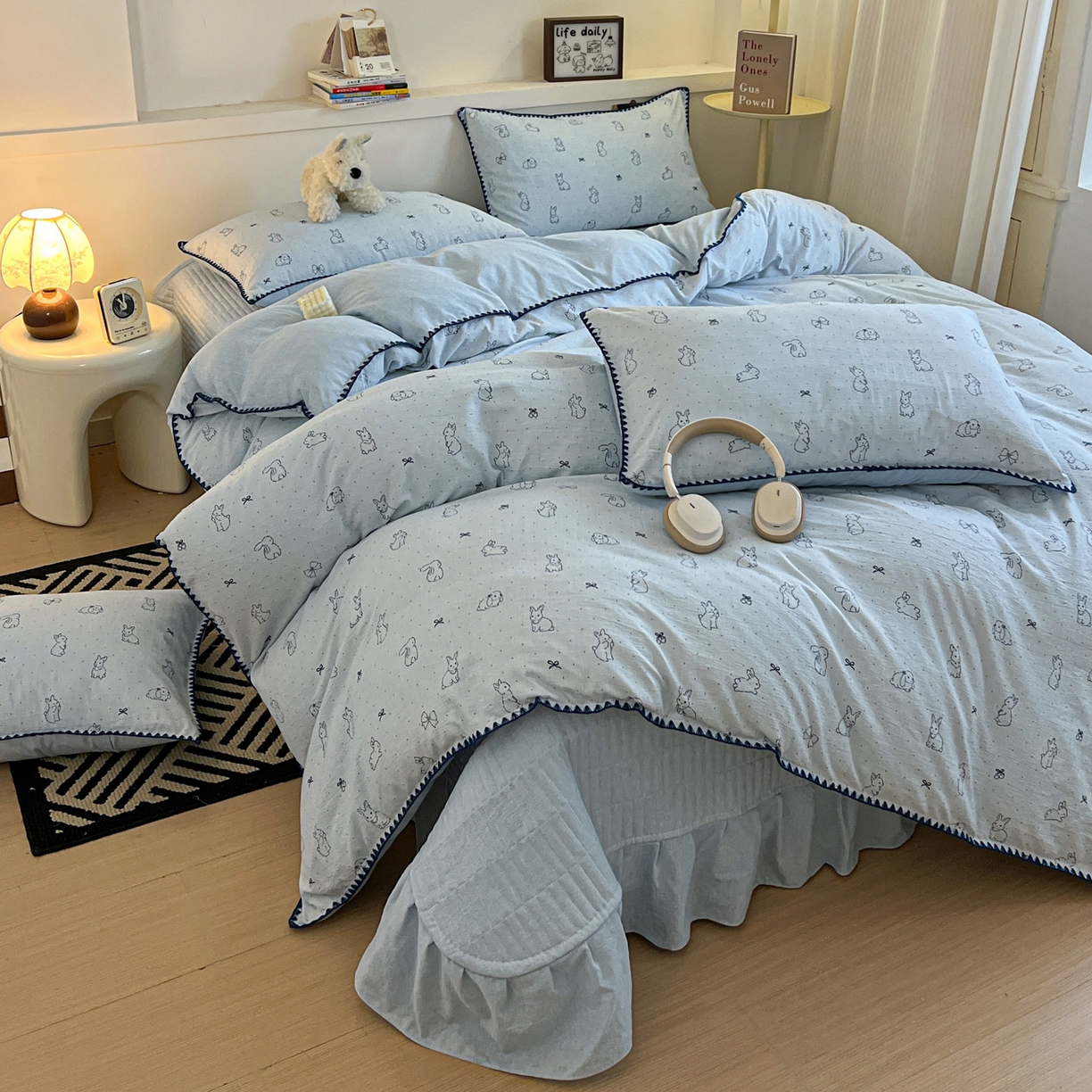 富米莱（原臻工厂） 2026春夏新款色织提花贝壳边床盖床裙四件套 贝壳边-蓝小兔