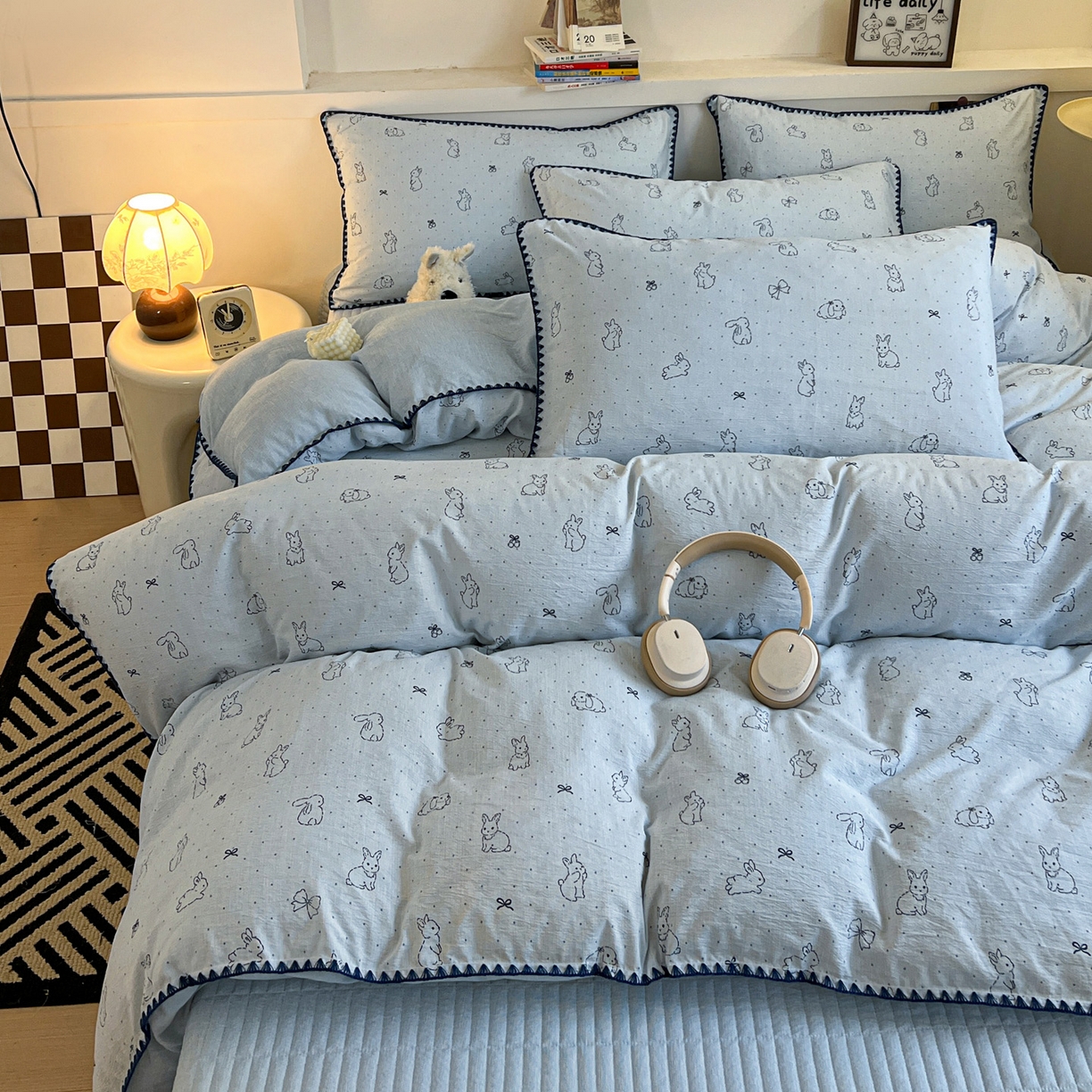 91家纺网 家纺一手货源 找家纺 富米莱（原臻工厂） 2026春夏新款色织提花贝壳边床盖床裙四件套 贝壳边-蓝小兔