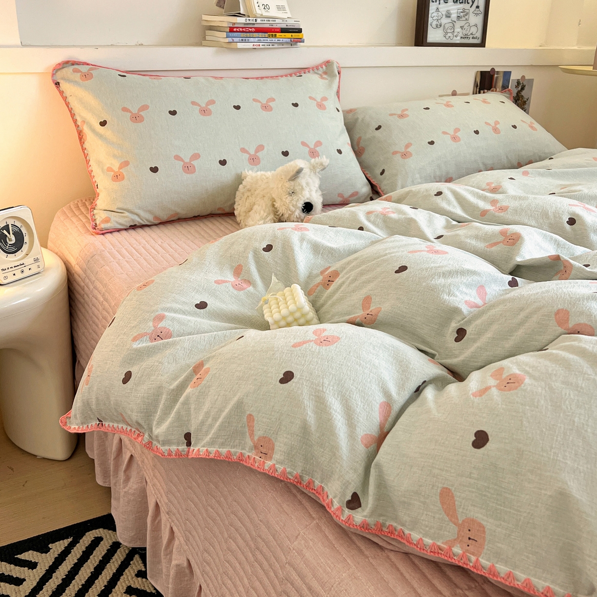 91家纺网 家纺一手货源 找家纺 富米莱（原臻工厂） 2026春夏新款色织提花贝壳边床盖床裙四件套 贝壳边-萌萌兔