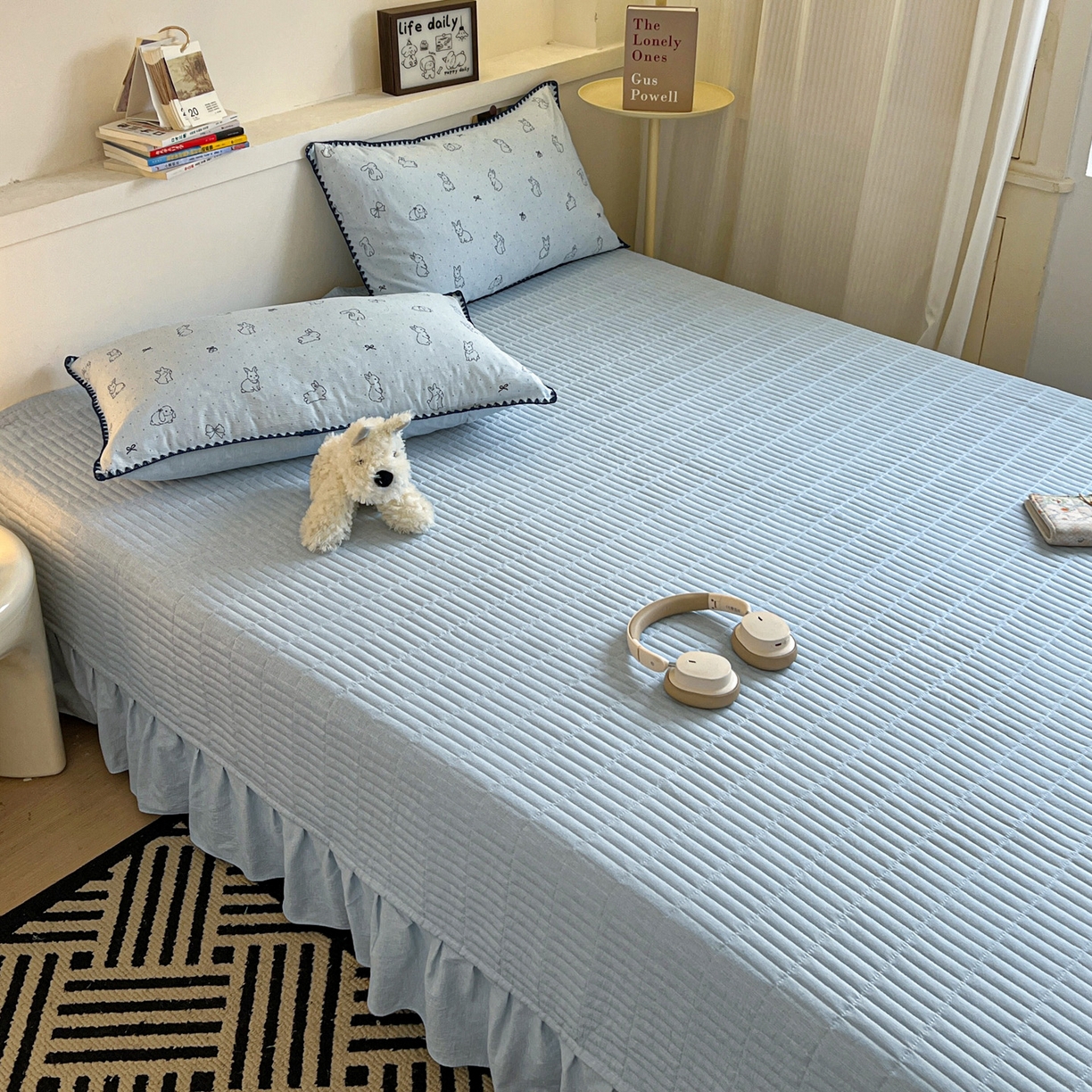 91家纺网 家纺一手货源 找家纺 富米莱（原臻工厂） 2026春夏新款色织提花贝壳边床盖床裙四件套 贝壳边-蓝小兔