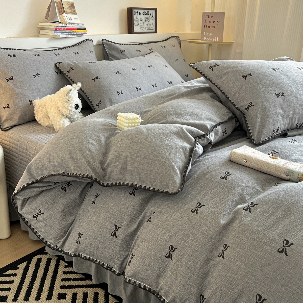 91家纺网 家纺一手货源 找家纺 富米莱（原臻工厂） 2026春夏新款色织提花贝壳边床盖床裙四件套 贝壳边-少女心