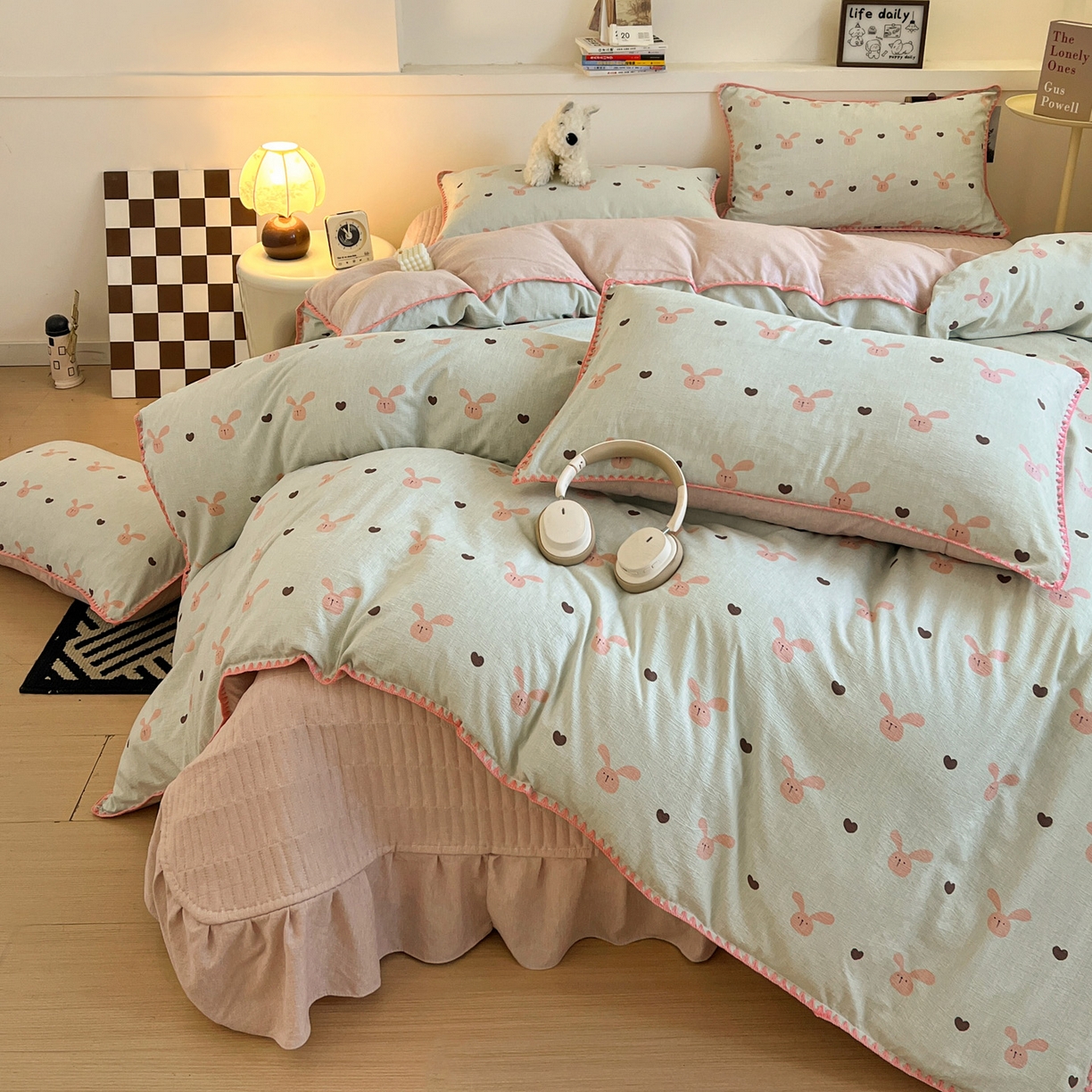 91家纺网 家纺一手货源 找家纺 富米莱（原臻工厂） 2026春夏新款色织提花贝壳边床盖床裙四件套 贝壳边-萌萌兔