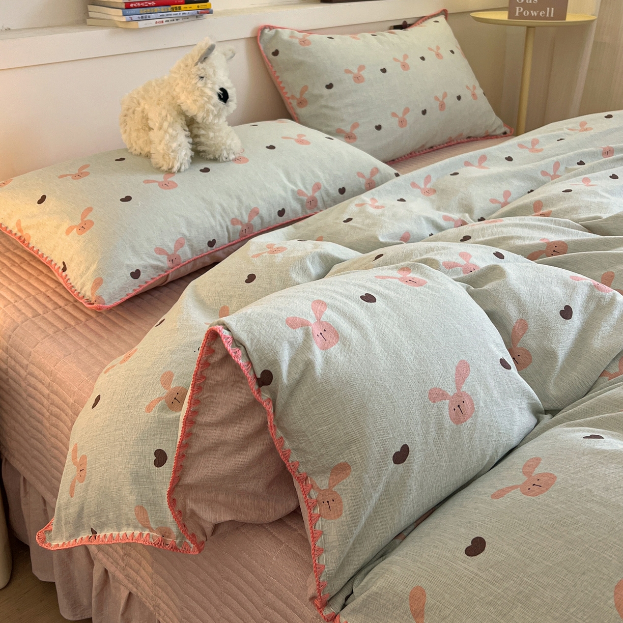 91家纺网 家纺一手货源 找家纺 富米莱（原臻工厂） 2026春夏新款色织提花贝壳边床盖床裙四件套 贝壳边-萌萌兔