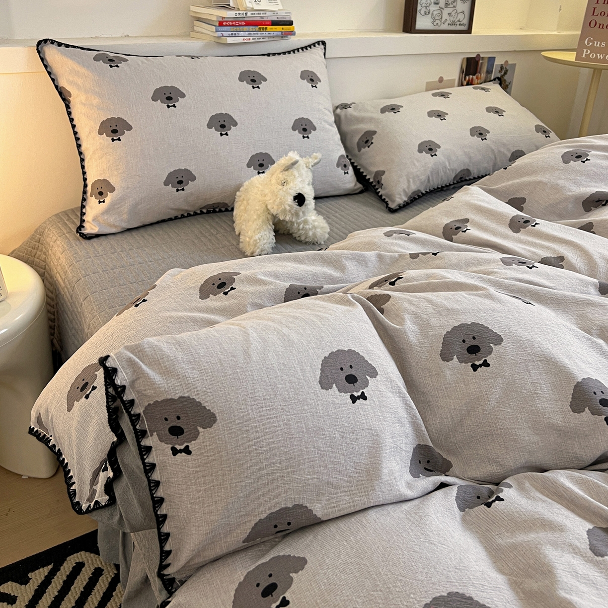 91家纺网 家纺一手货源 找家纺 富米莱（原臻工厂） 2026春夏新款色织提花贝壳边床盖床裙四件套 贝壳边-领结狗